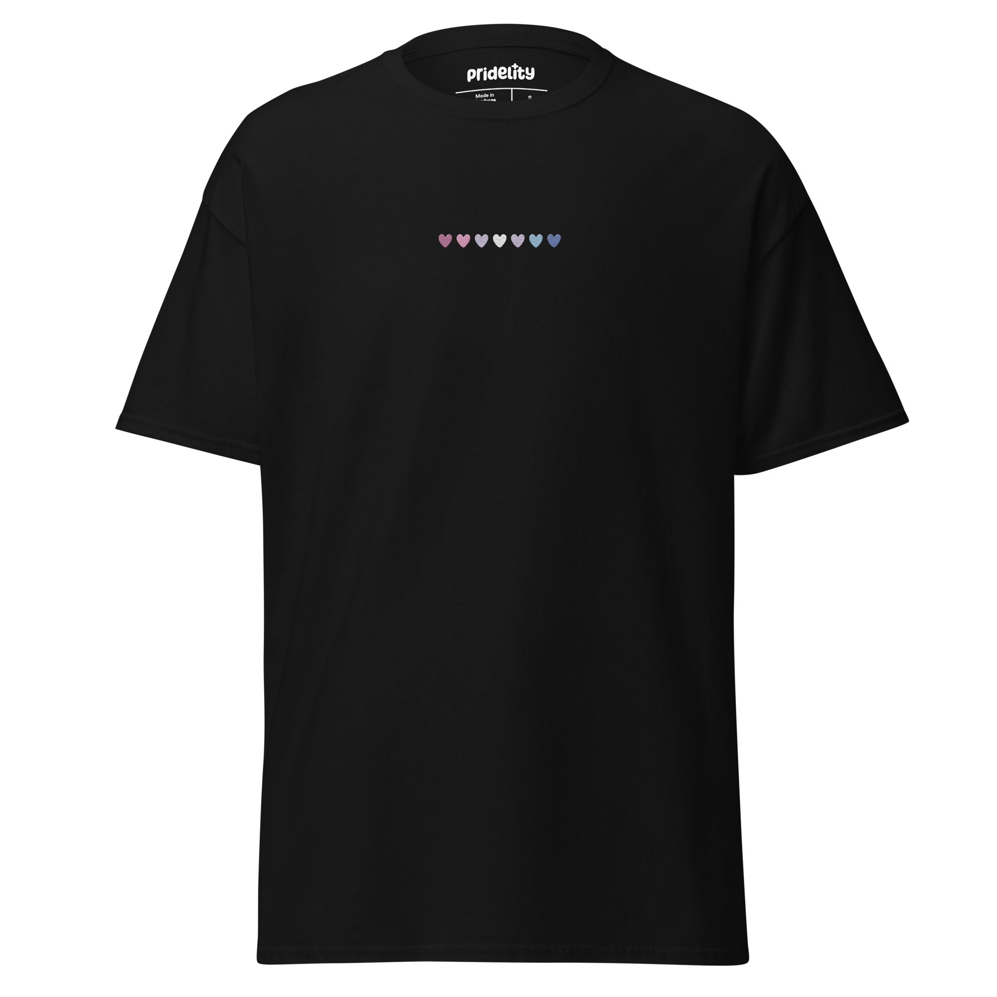 The Bigender Love T-Shirt by Pridelity is a black shirt adorned with a delicate row of hearts in pink, white, and blue across the chest, proudly showcasing our diverse Pride Collections.