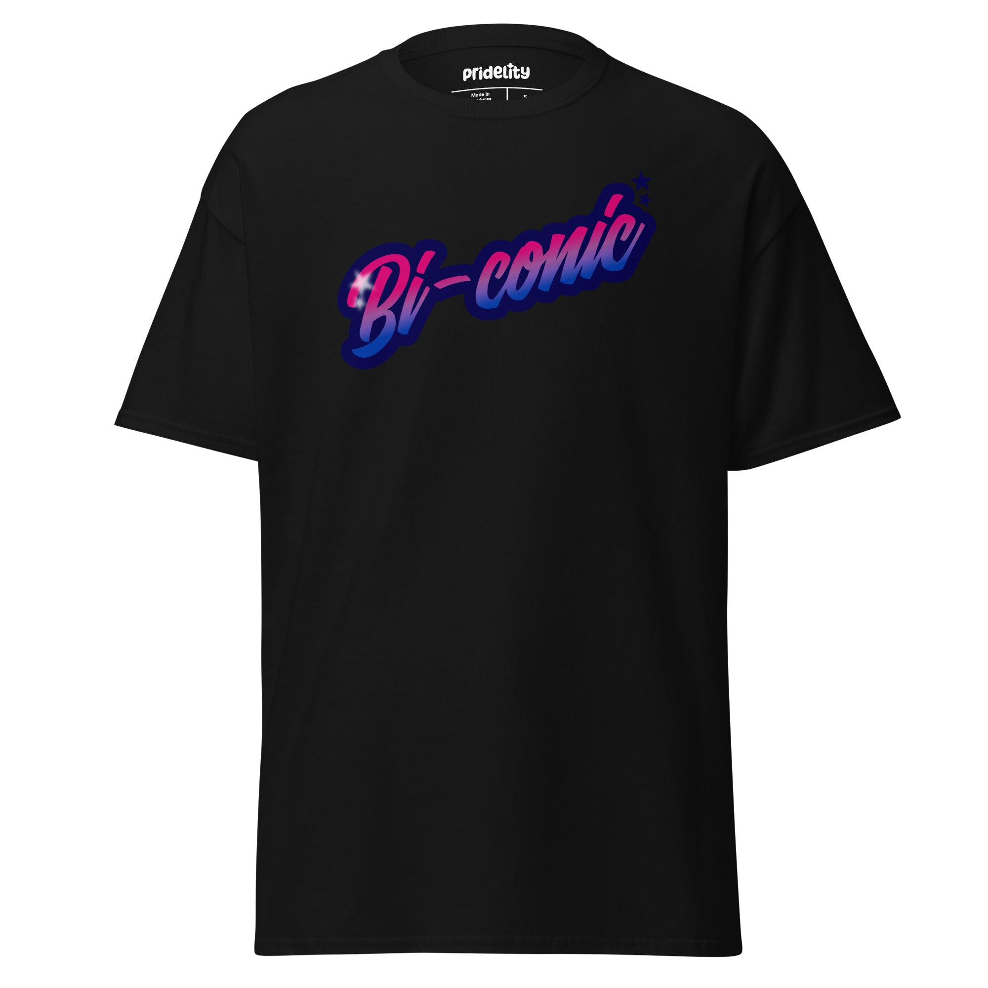 Introducing the Bi-Conic T-Shirt by Pridelity, a black tee from our Pride Merch collection, adorned with the vibrant, multicolored 