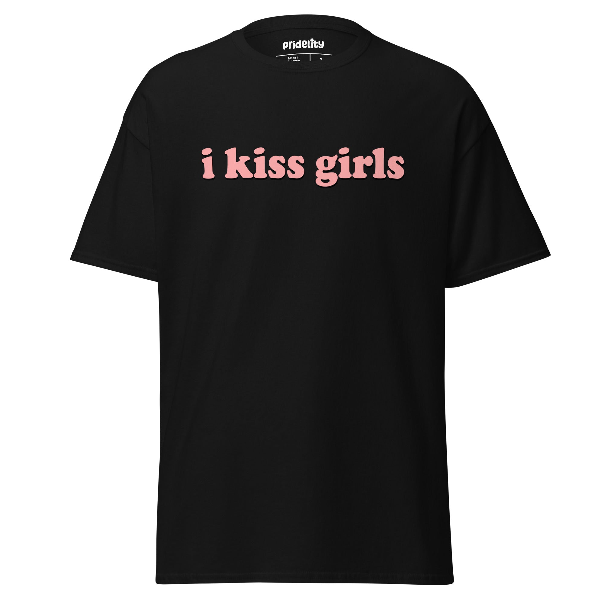 Introducing the I Kiss Girls T-Shirt by Pridelity: a white pride shirt with standout pink text saying 