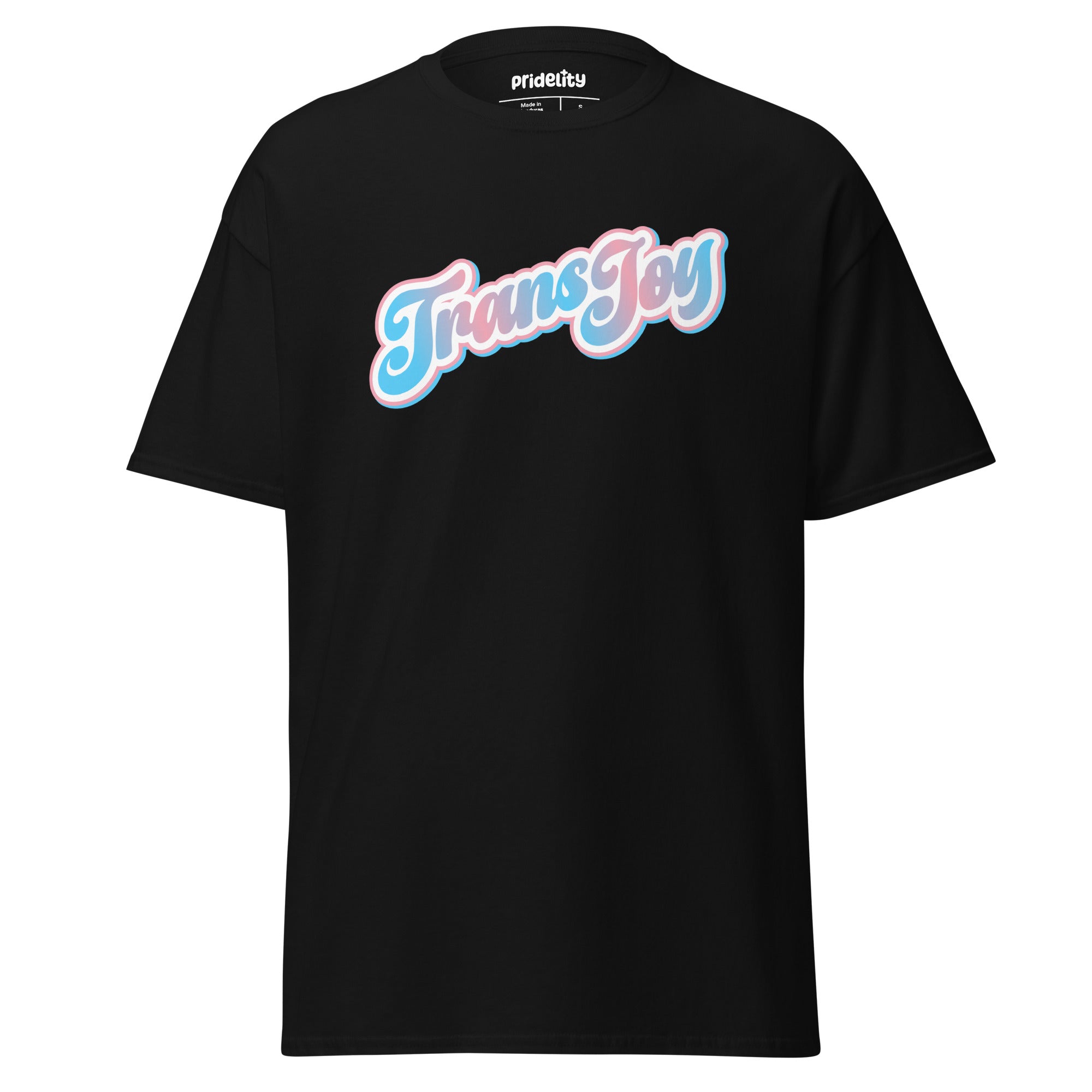 A light blue Pridelity T-shirt, named the Trans Joy T-Shirt, showcases the phrase 