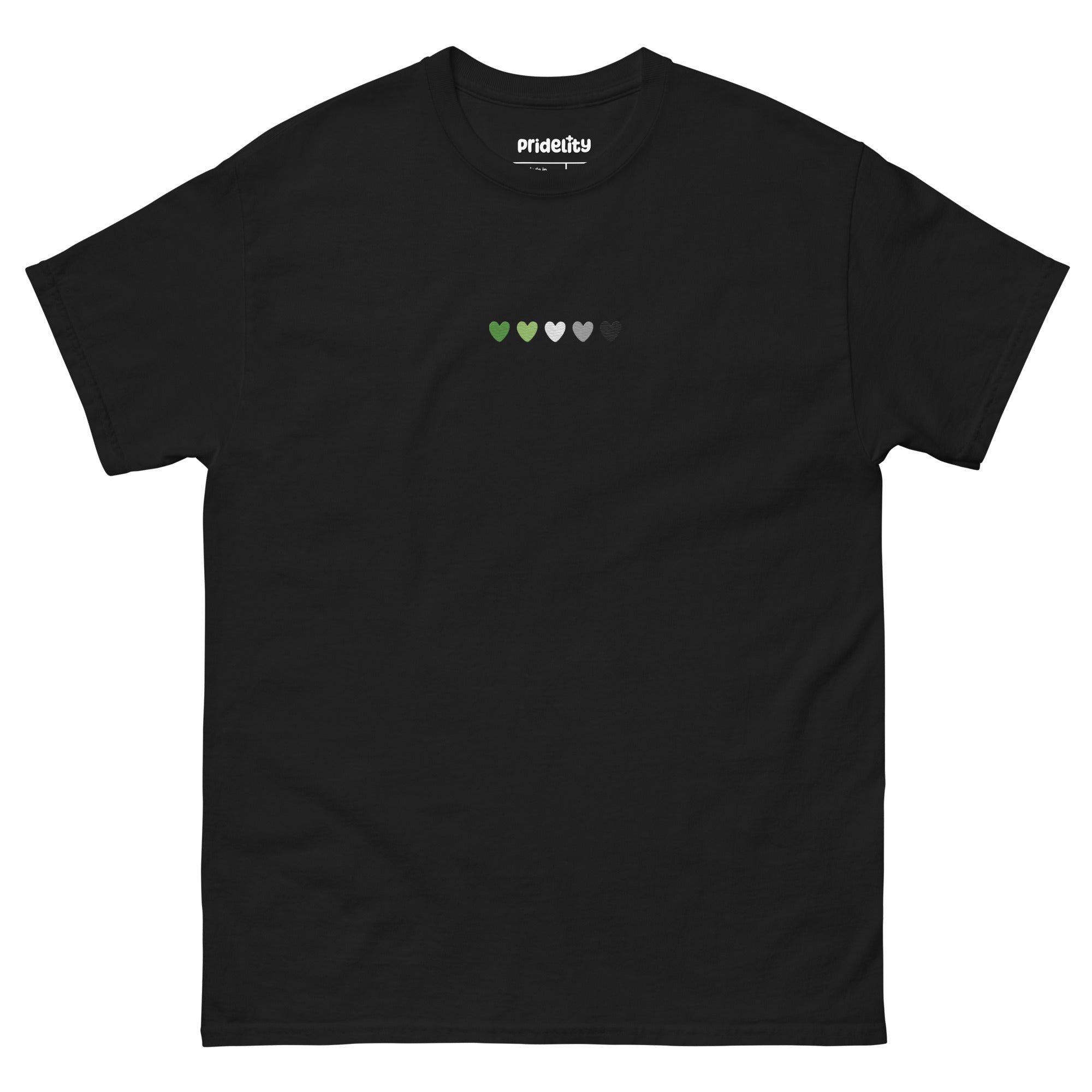 The Aromantic Love T-Shirt by Pridelity is cream-colored and features a row of small hearts across the chest in green, light green, white, gray, and black.