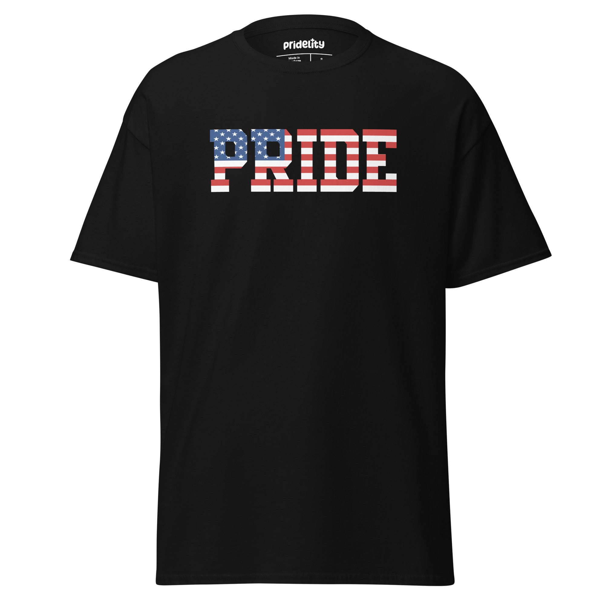 Introducing the American Pride T-Shirt from Pridelity's Pride Collections. This stylish black tee prominently features 