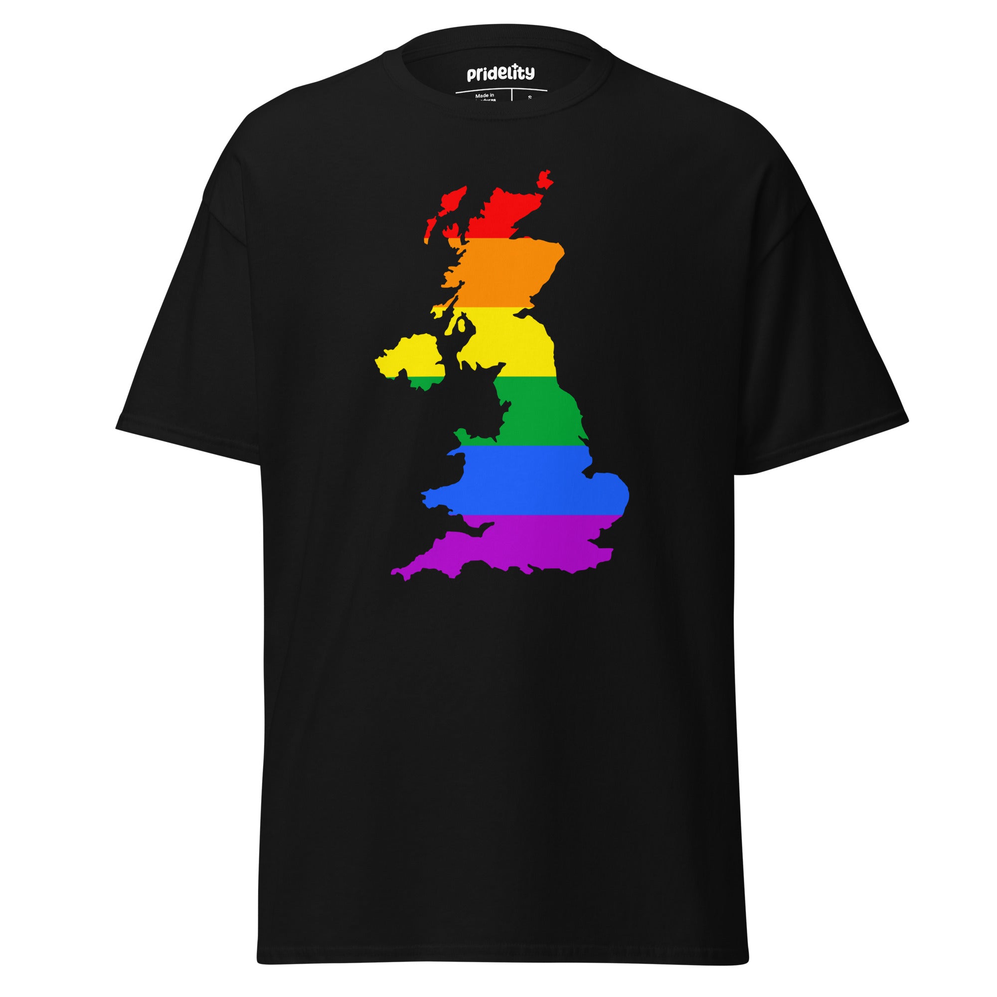 Introducing the British Isles Pride T-Shirt by Pridelity, a standout piece in our Pride Collections. This white t-shirt features a vibrant rainbow map of the United Kingdom, symbolizing LGBTQ+ pride.