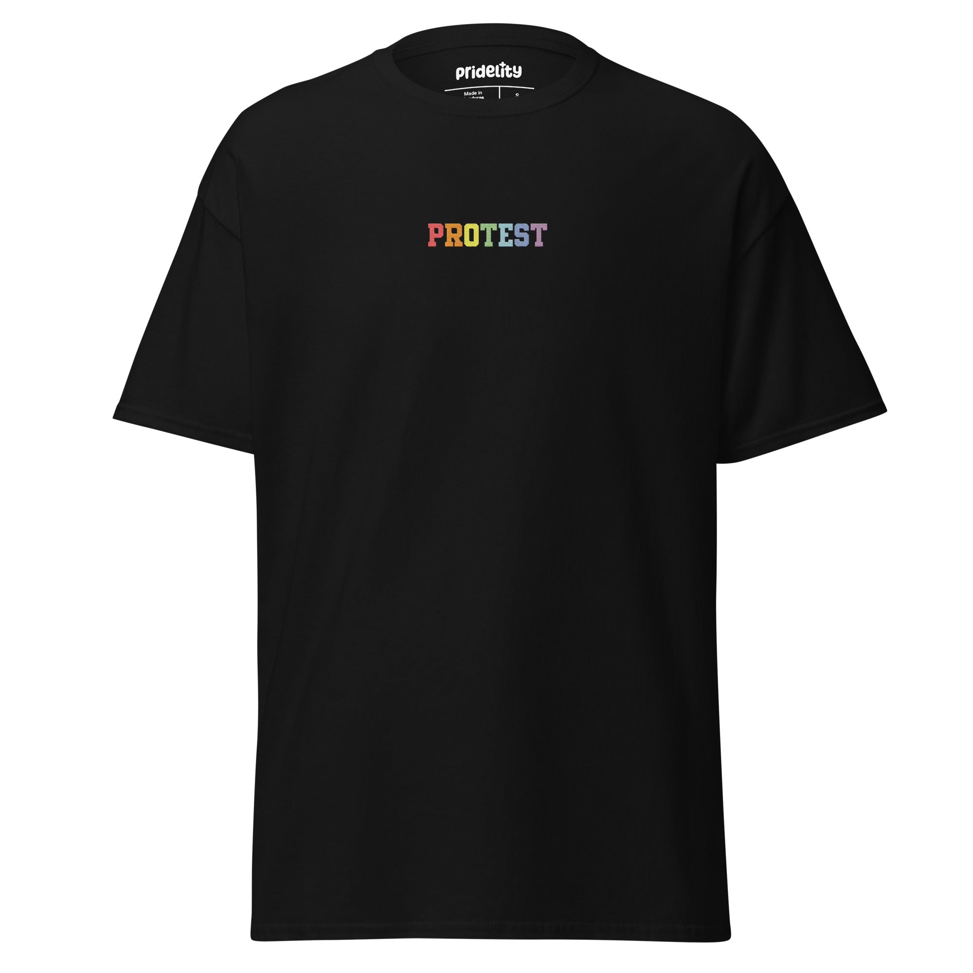 The Protest T-Shirt by Pridelity is a bold black garment featuring the word 