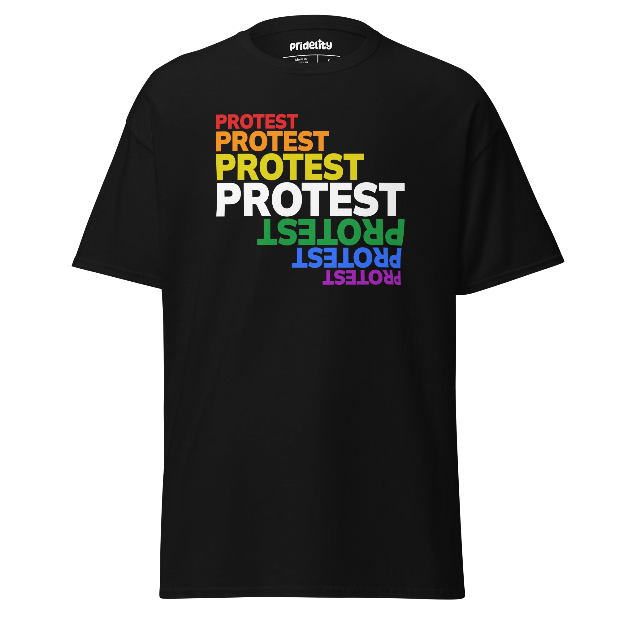 A black Protest T-Shirt from Pridelity features the word 