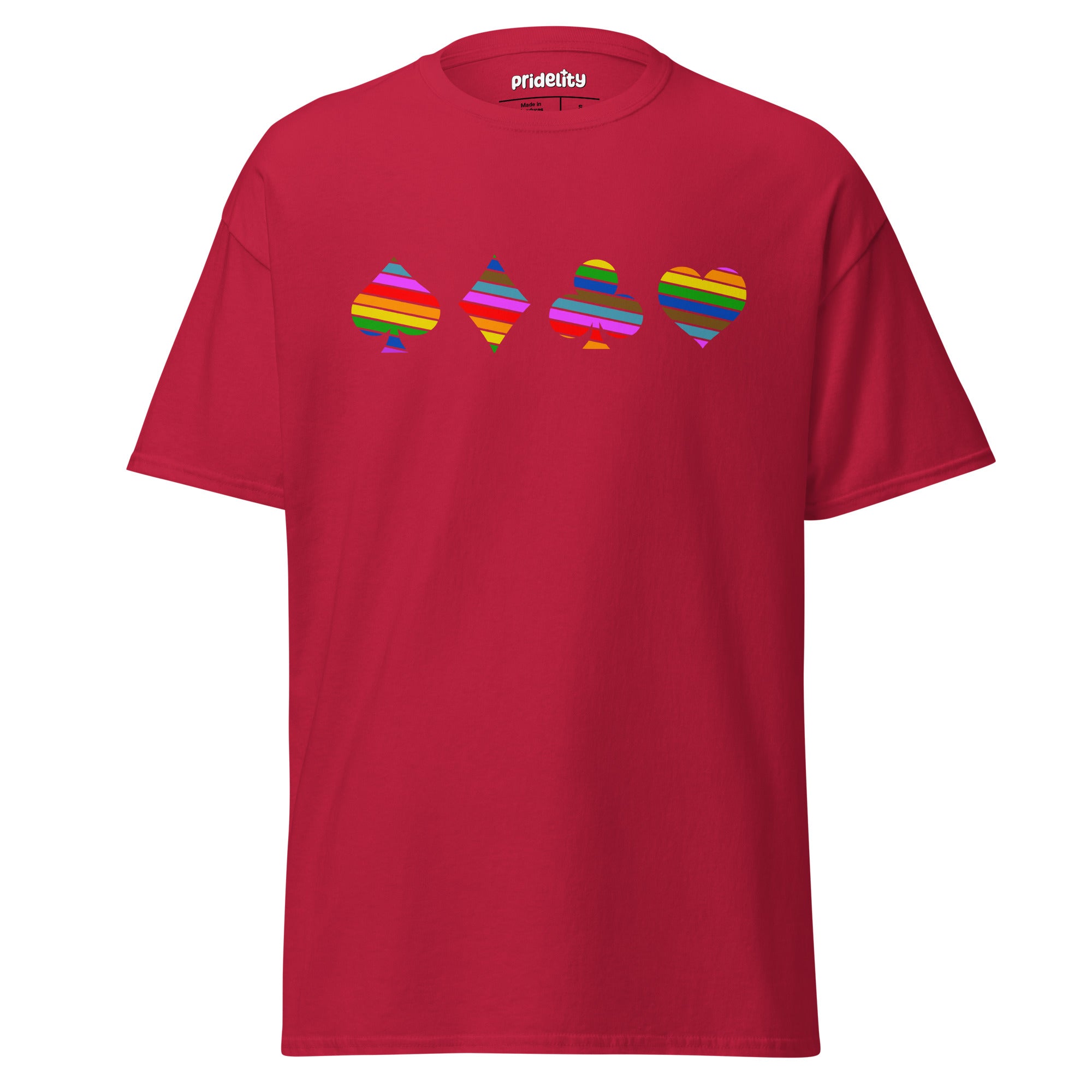 The Deck Of Hearts T-Shirt by Pridelity showcases a white fabric adorned with vibrant, sequential striped card suits—spade, diamond, club, and heart—across the chest, celebrating Pride with flair.