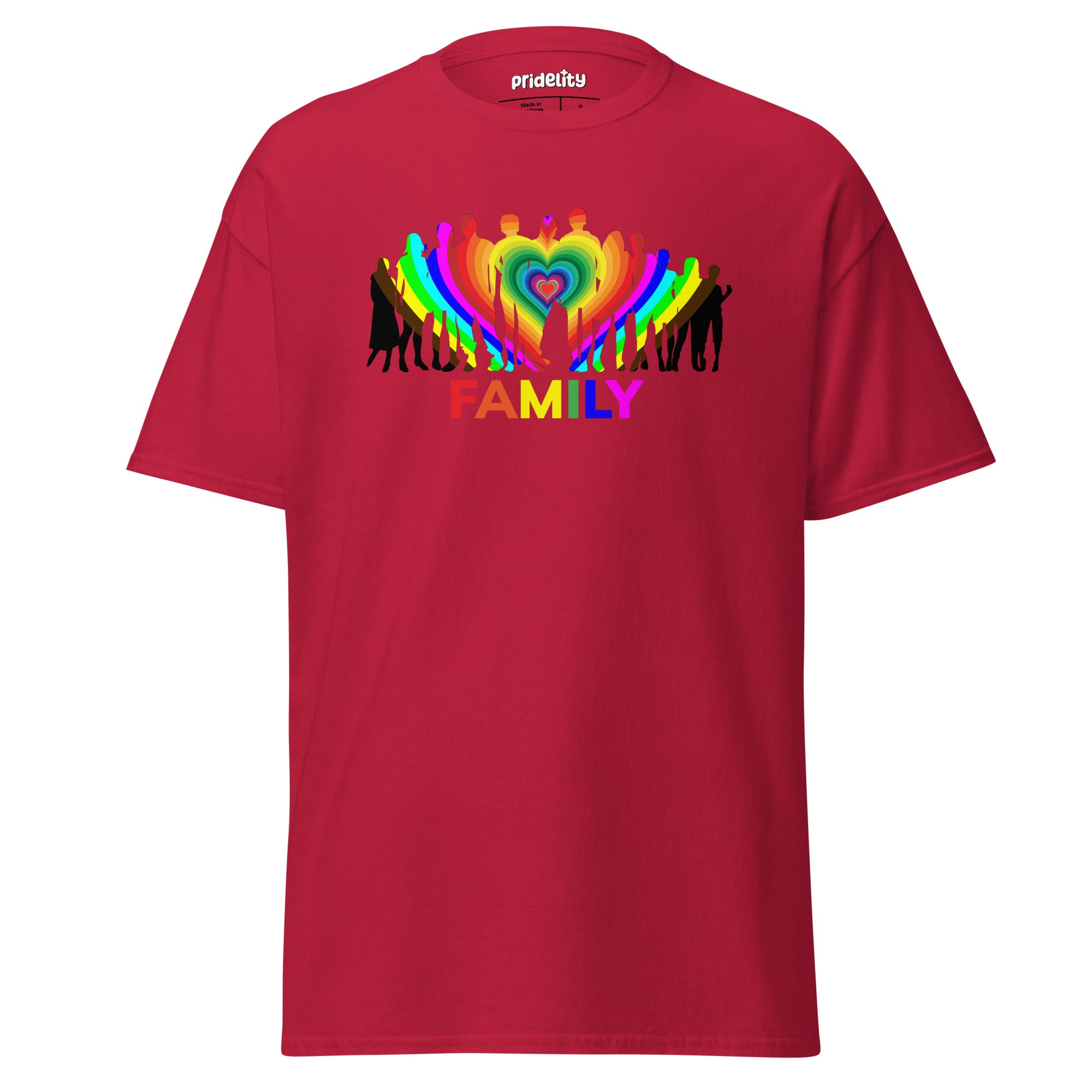 A natural-colored Family T-Shirt from Pridelity's pride collection features a striking rainbow silhouette of a family with a heart at the center. The word 