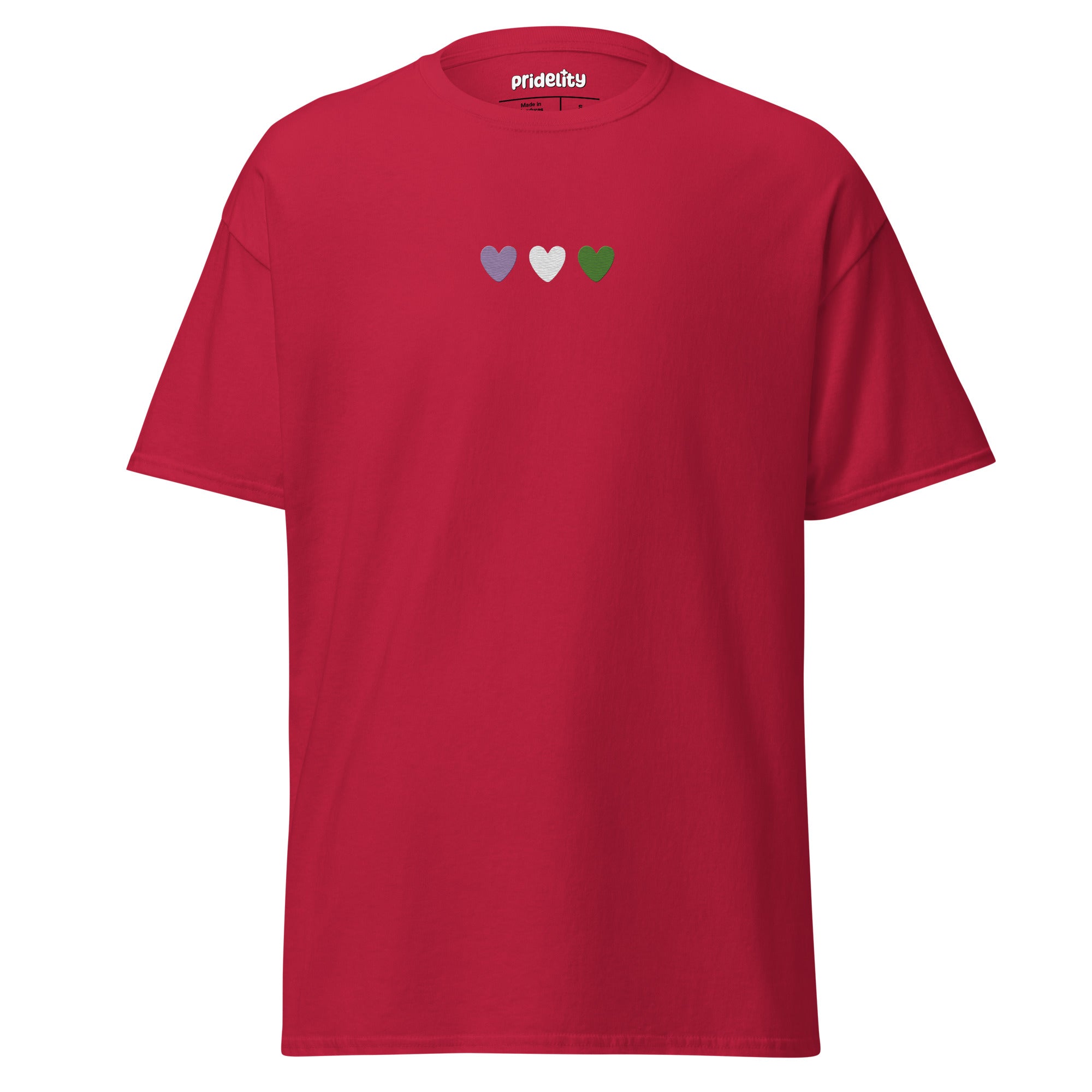 A black Genderqueer Love T-Shirt from Pridelity, featuring three small hearts across the chest in lavender, white, and green.