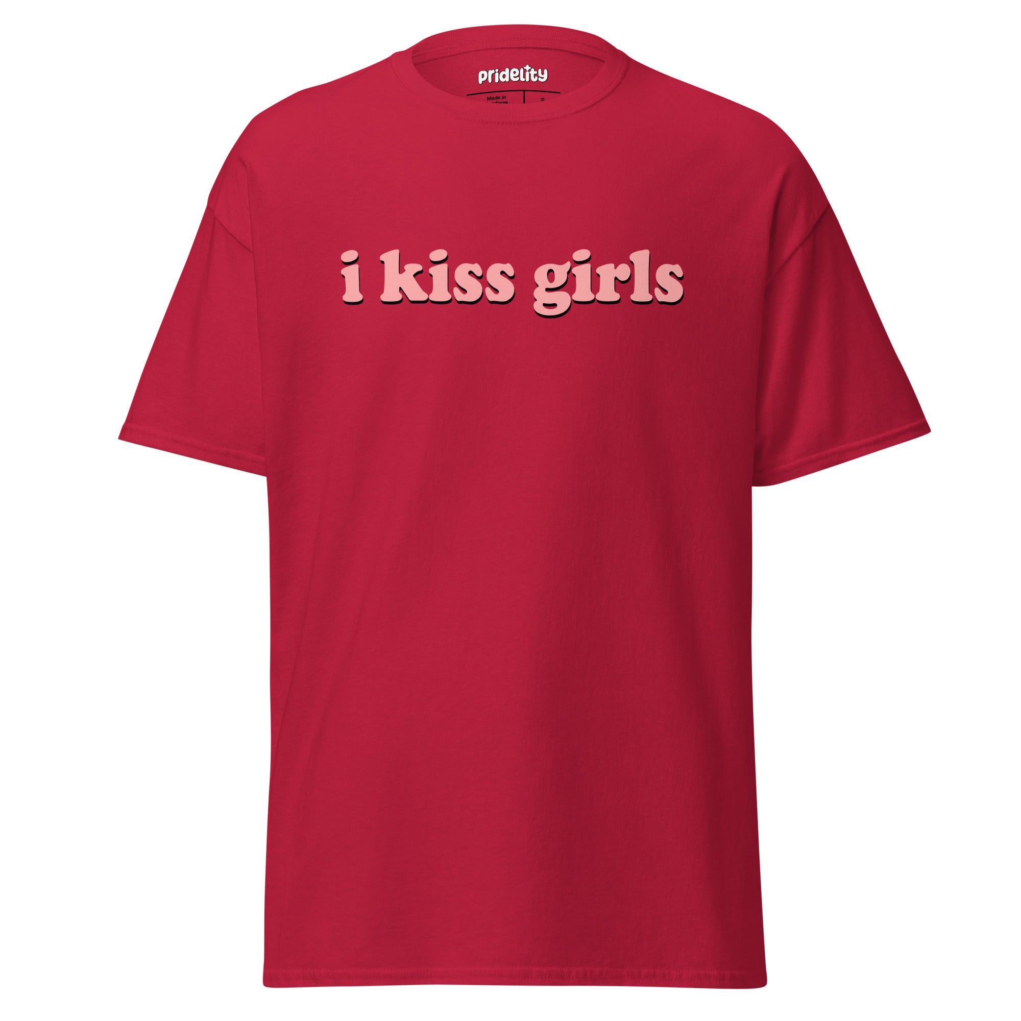 Introducing the I Kiss Girls T-Shirt by Pridelity: a white pride shirt with standout pink text saying 