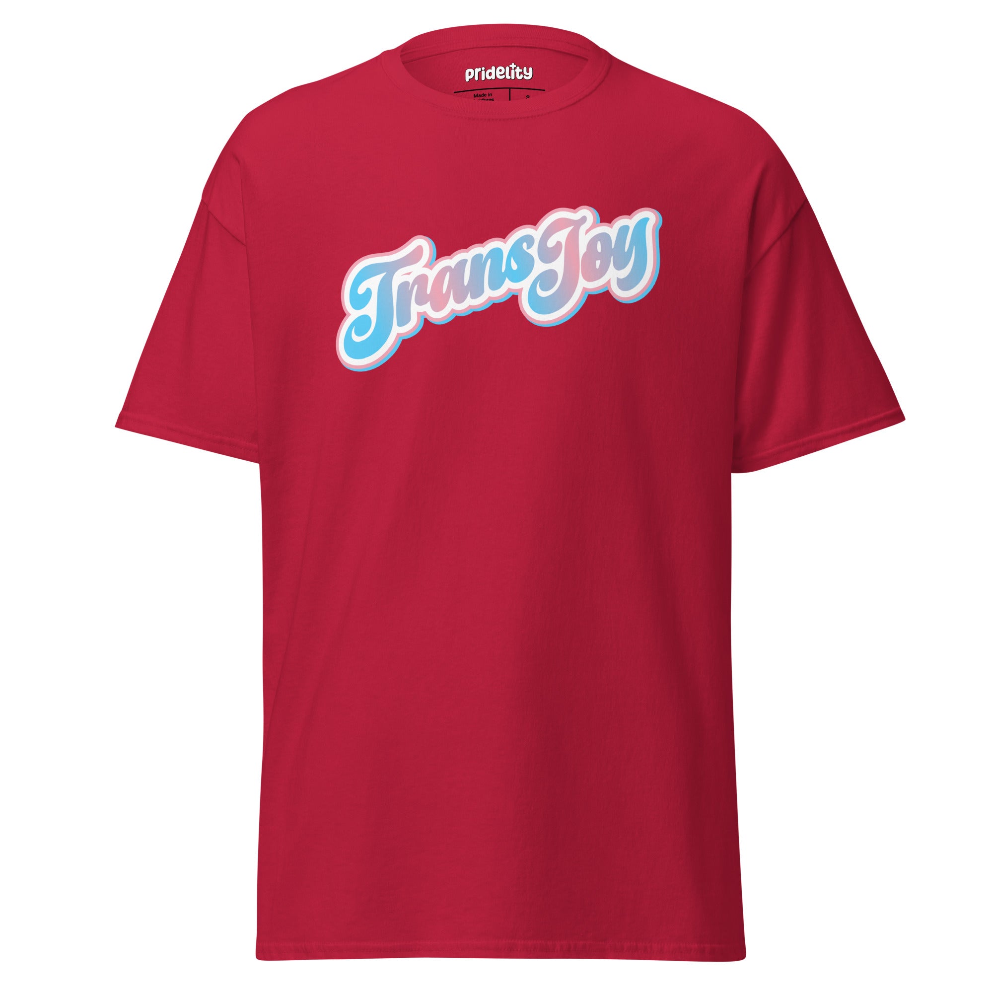 A light blue Pridelity T-shirt, named the Trans Joy T-Shirt, showcases the phrase 