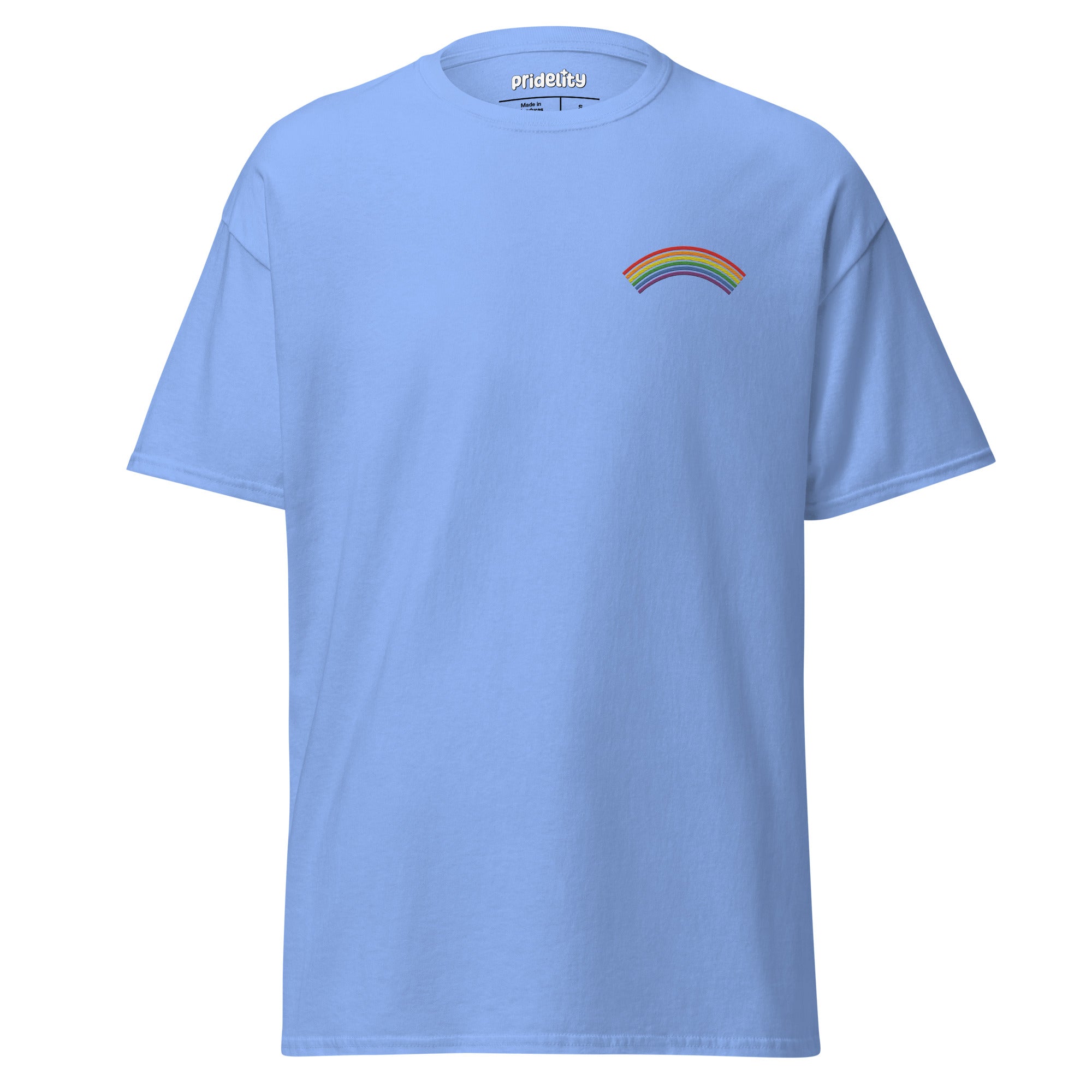 A Pridelity Rainbow T-Shirt in black, showcasing a small rainbow graphic of traditional horizontal stripes on the left side of the chest.