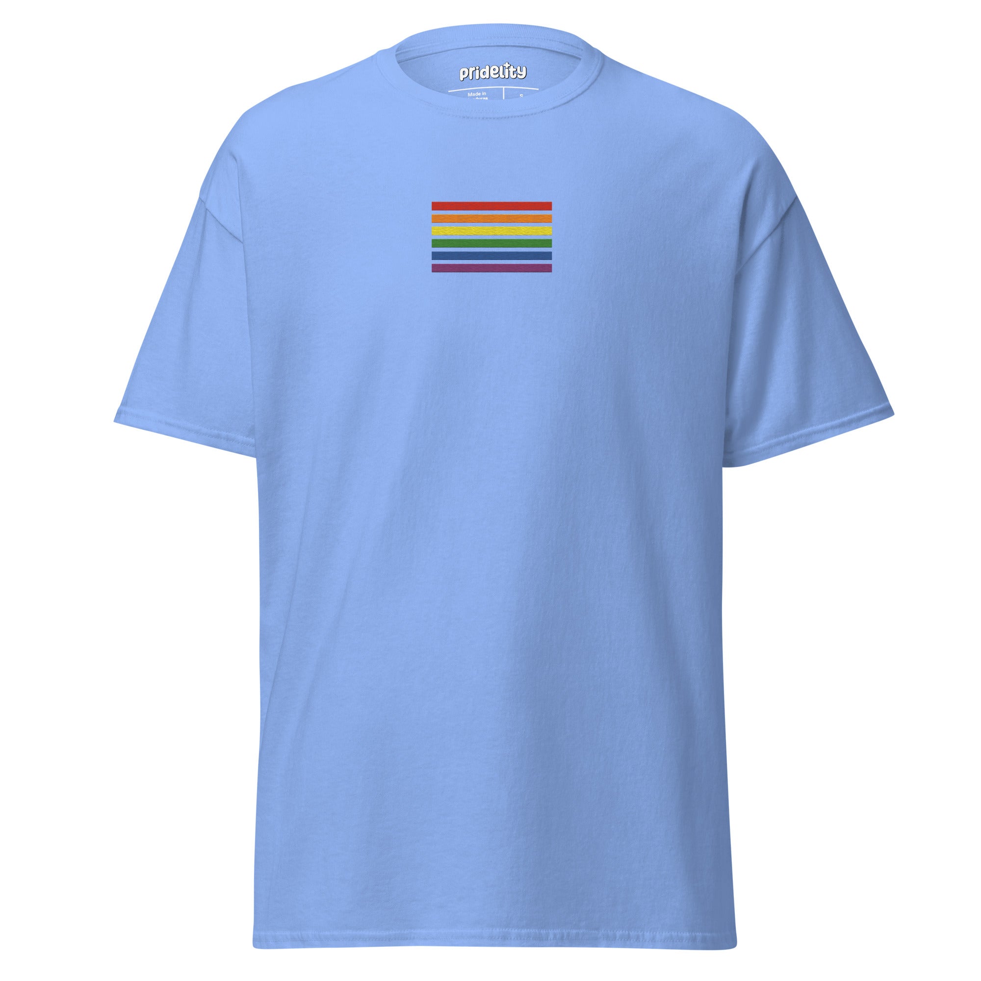 The Rainbow Stripes T-Shirt from Pridelity is black with a small rainbow stripe pattern on the chest, featuring horizontal stripes in red, orange, yellow, green, blue, and purple. The brand name 