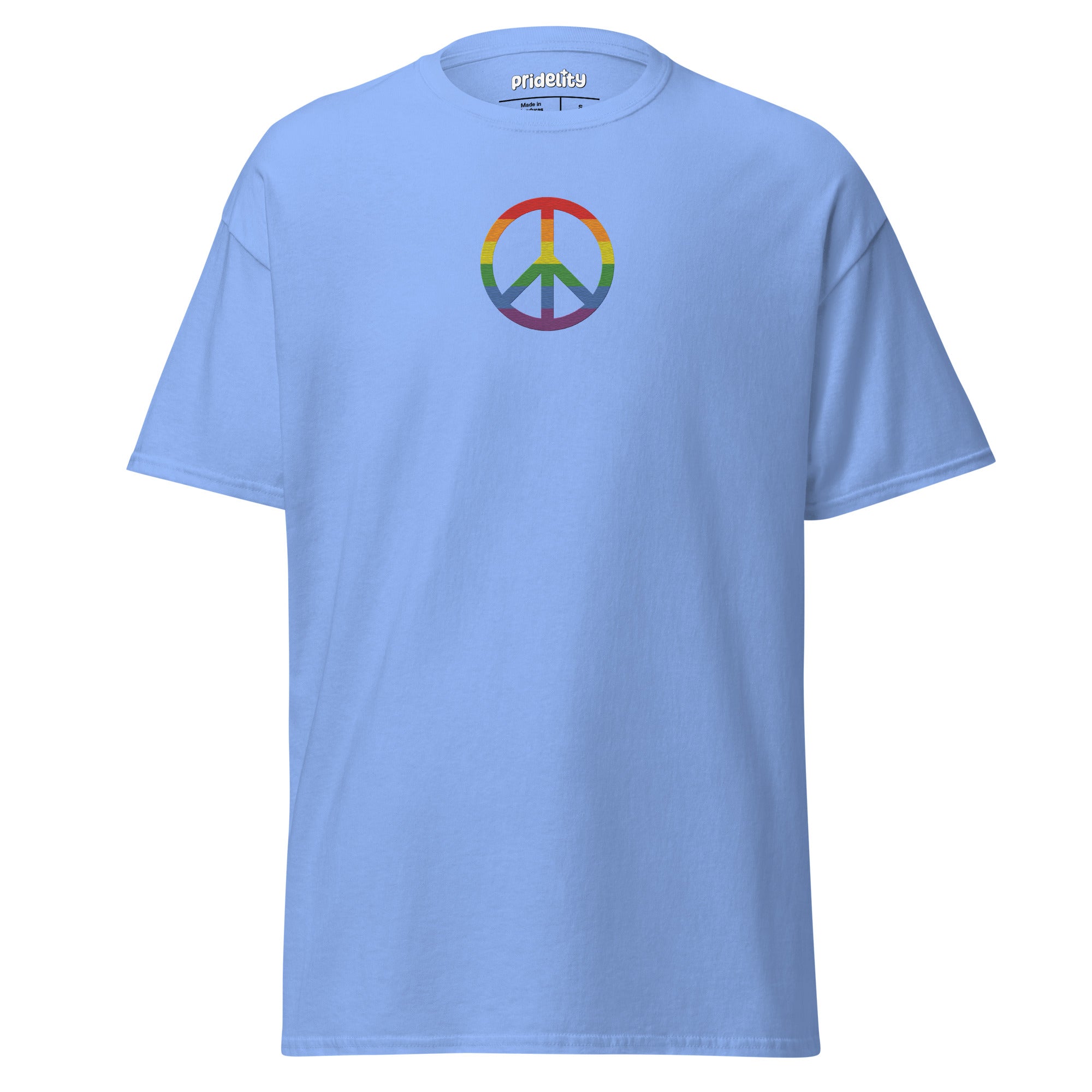 Pridelity's black Peace T-Shirt showcases a rainbow-colored peace symbol prominently in the center.