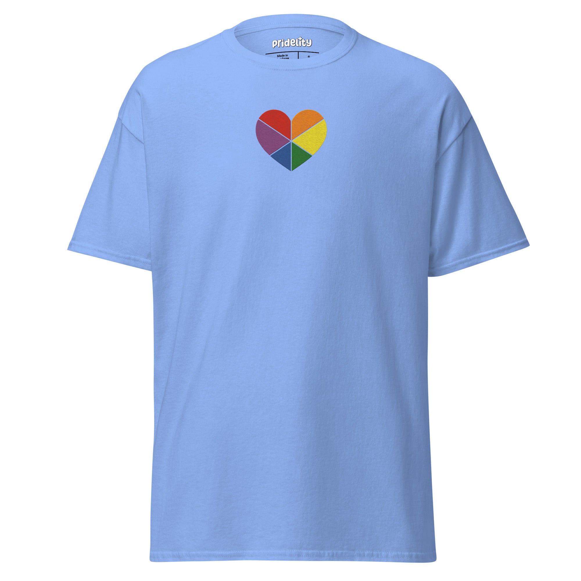 An Azalea-colored Proud Heart T-Shirt by Pridelity, showcasing a central heart design divided into six vivid rainbow-colored segments.