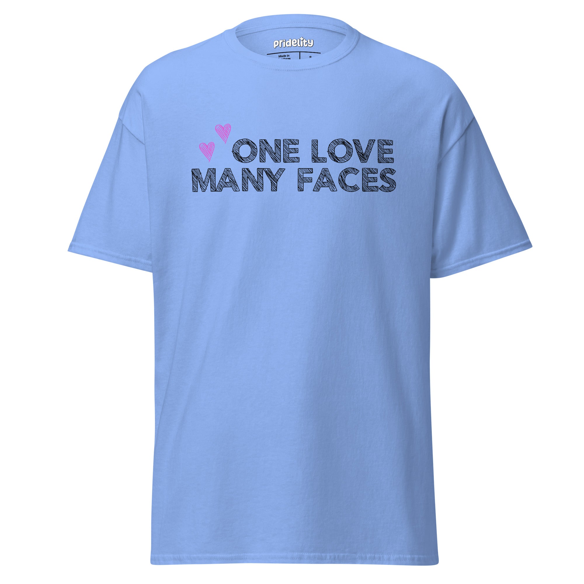 The One Love T-Shirt by Pridelity is a natural-colored pride shirt prominently displaying the message 