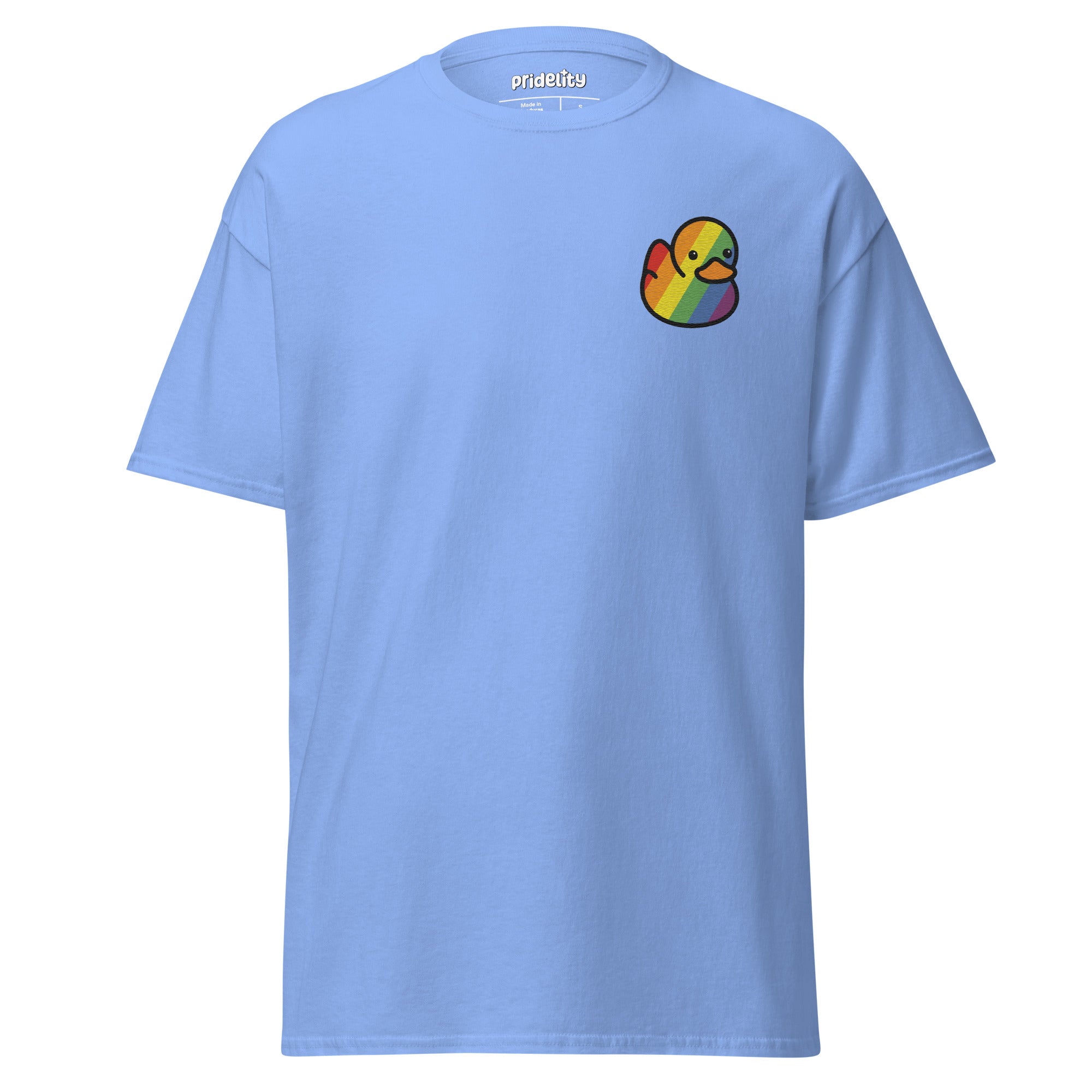 A Pridelity Pride Duck T-Shirt in pink, featuring a small rainbow duck on the chest.