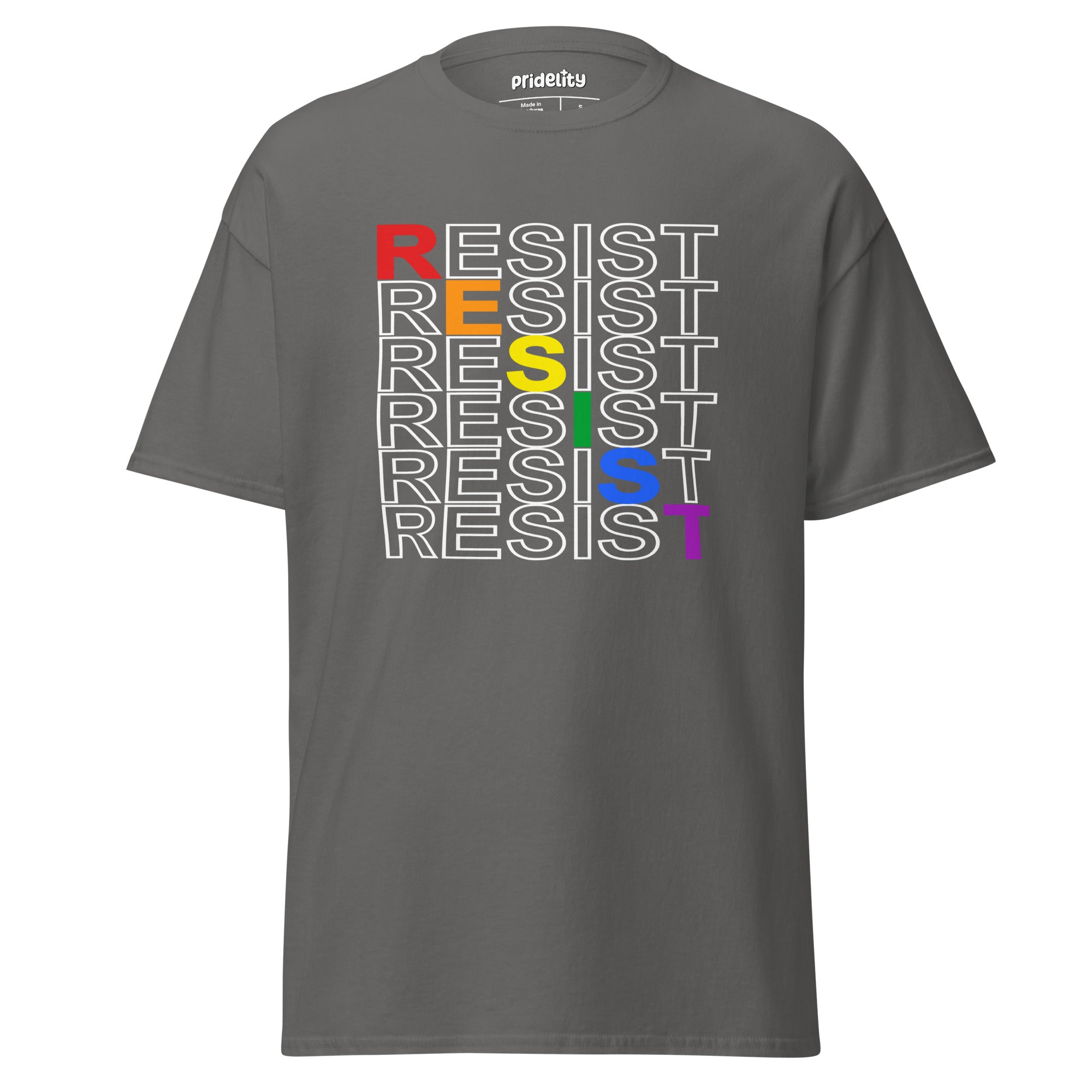 A black Resist T-Shirt from Pridelity showcases the word 