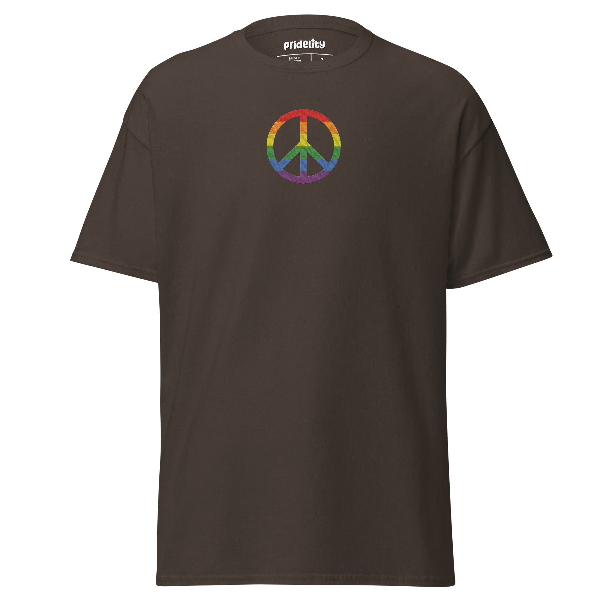 Pridelity's black Peace T-Shirt showcases a rainbow-colored peace symbol prominently in the center.