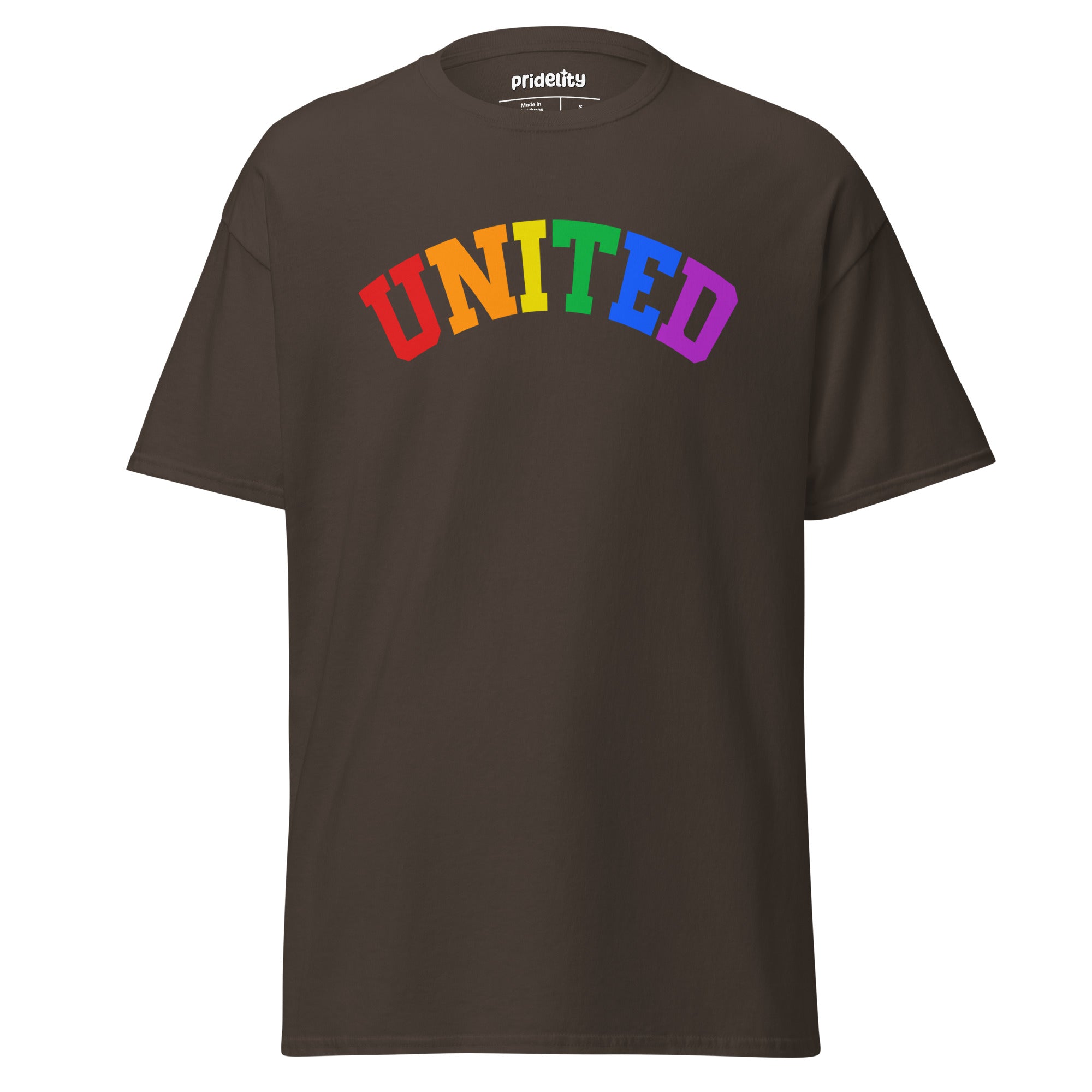 The Pridelity United T-Shirt showcases the word 