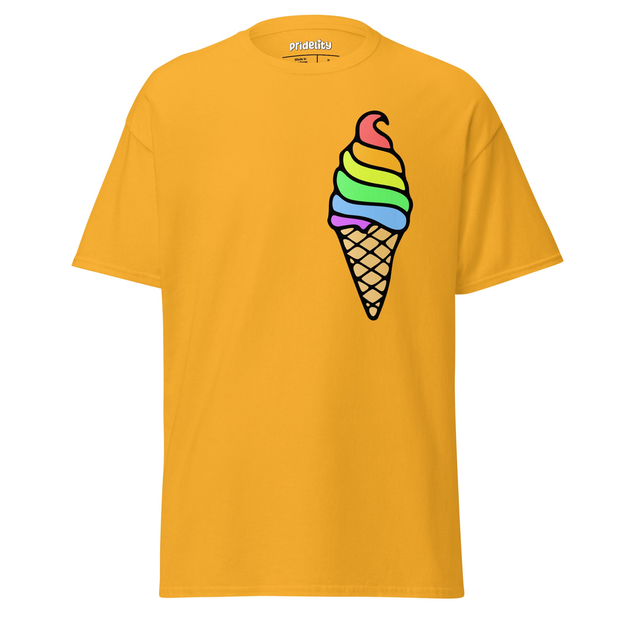 A Pride Ice Cream T-Shirt from Pridelity, featuring a gold base adorned with a vibrant ice cream cone design on the front. The ice cream swirls in rainbow colors, celebrating diversity, while the cone displays a traditional waffle pattern.