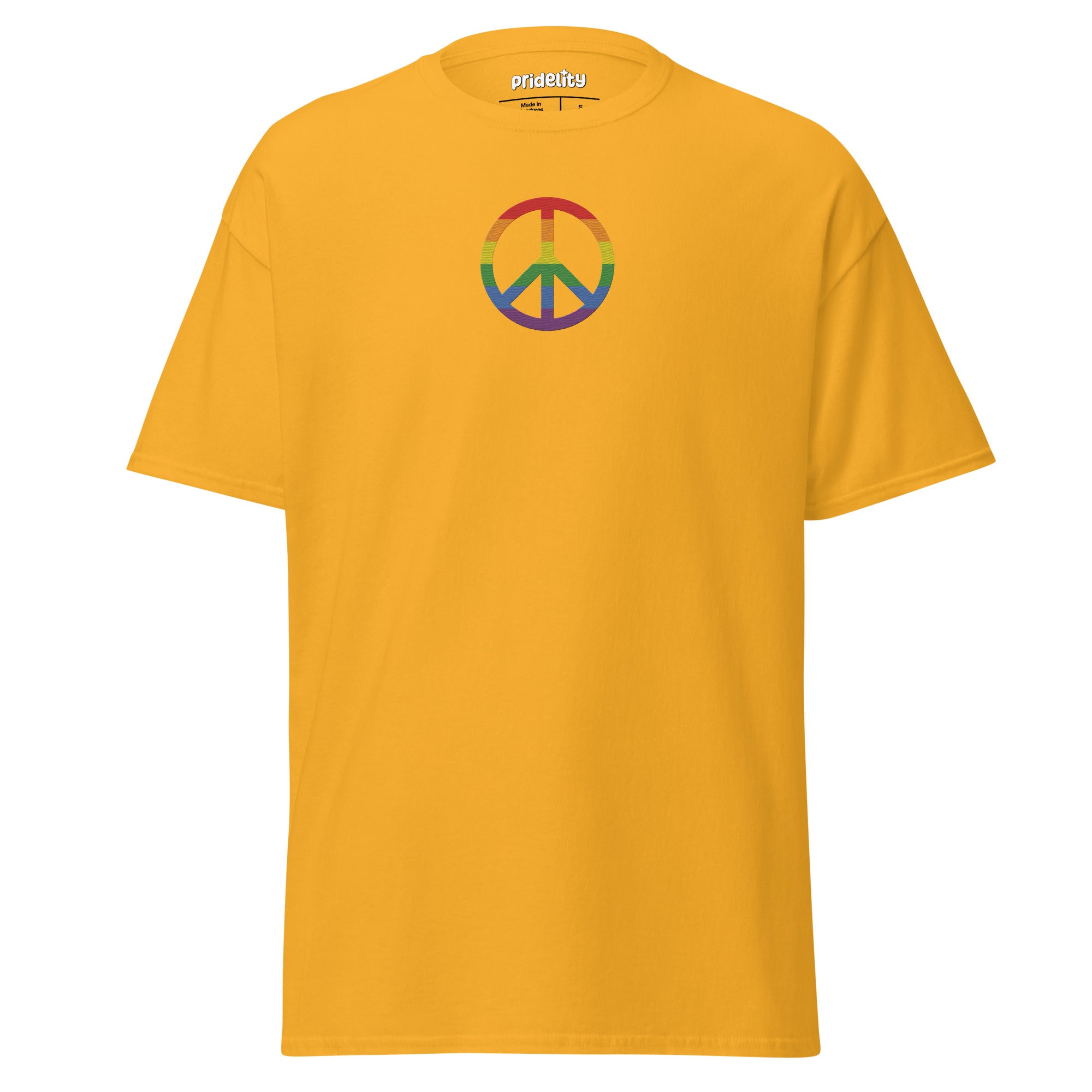 Pridelity's black Peace T-Shirt showcases a rainbow-colored peace symbol prominently in the center.