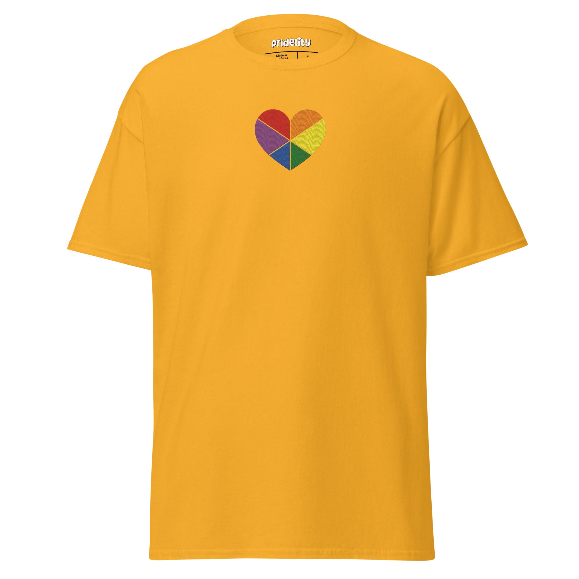 An Azalea-colored Proud Heart T-Shirt by Pridelity, showcasing a central heart design divided into six vivid rainbow-colored segments.