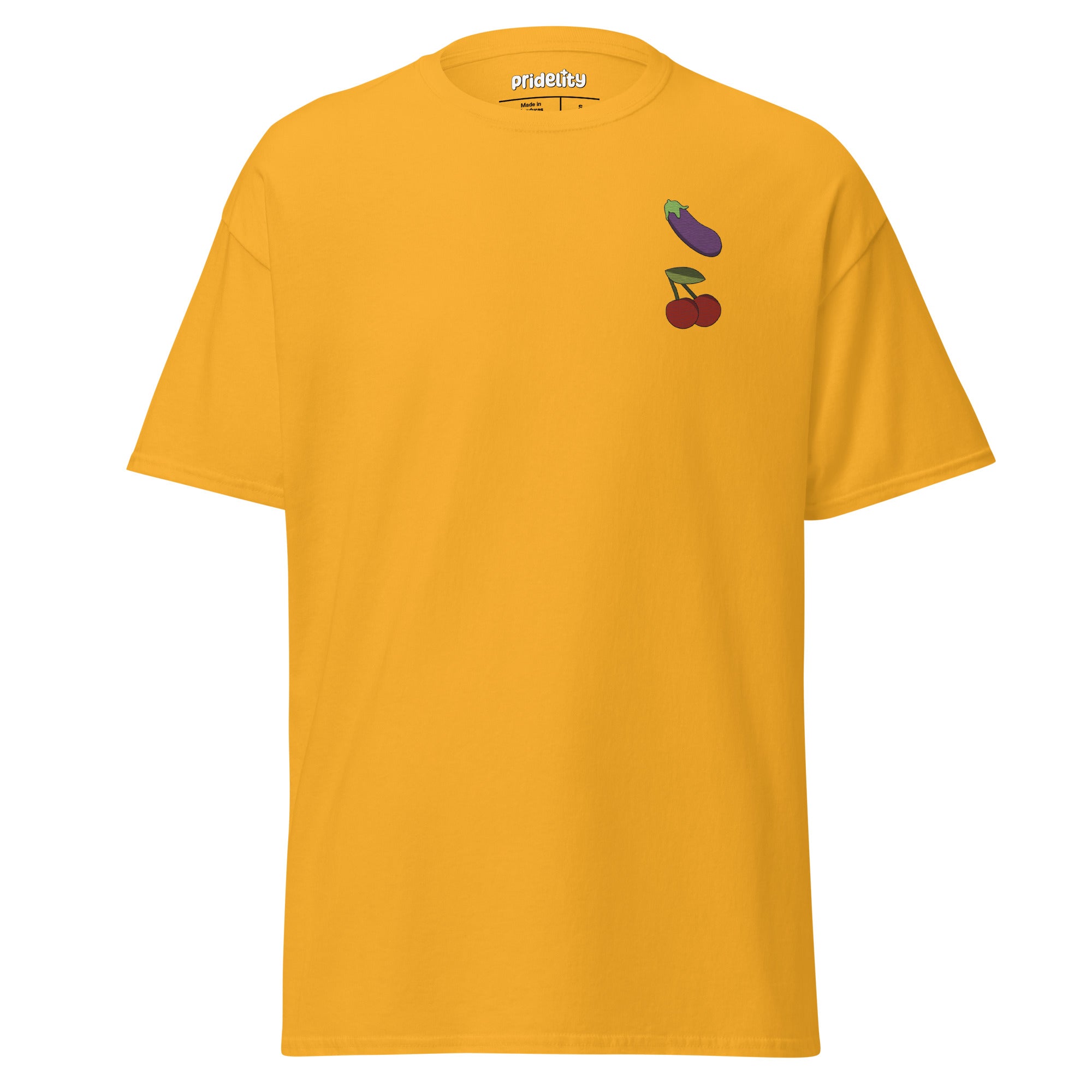 The Yummi Emojis T-Shirt by Pridelity in Azalea features two small embroidered designs, an eggplant and a pair of cherries, located on the upper left side of the chest.