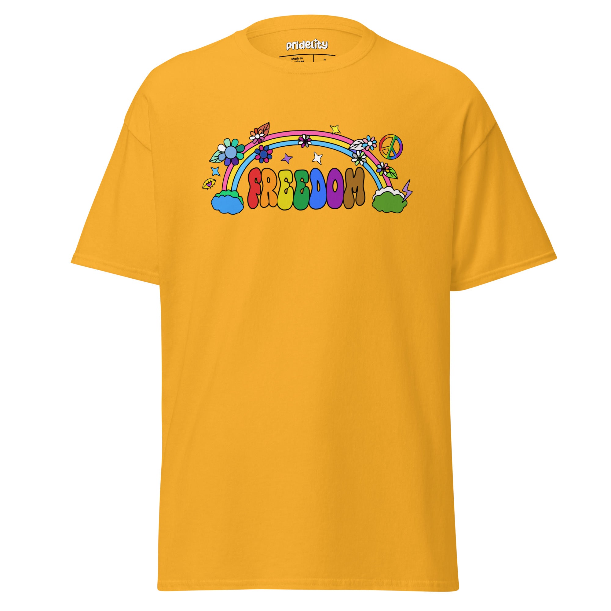 The Freedom T-Shirt by Pridelity features a colorful, cartoon-style design with 