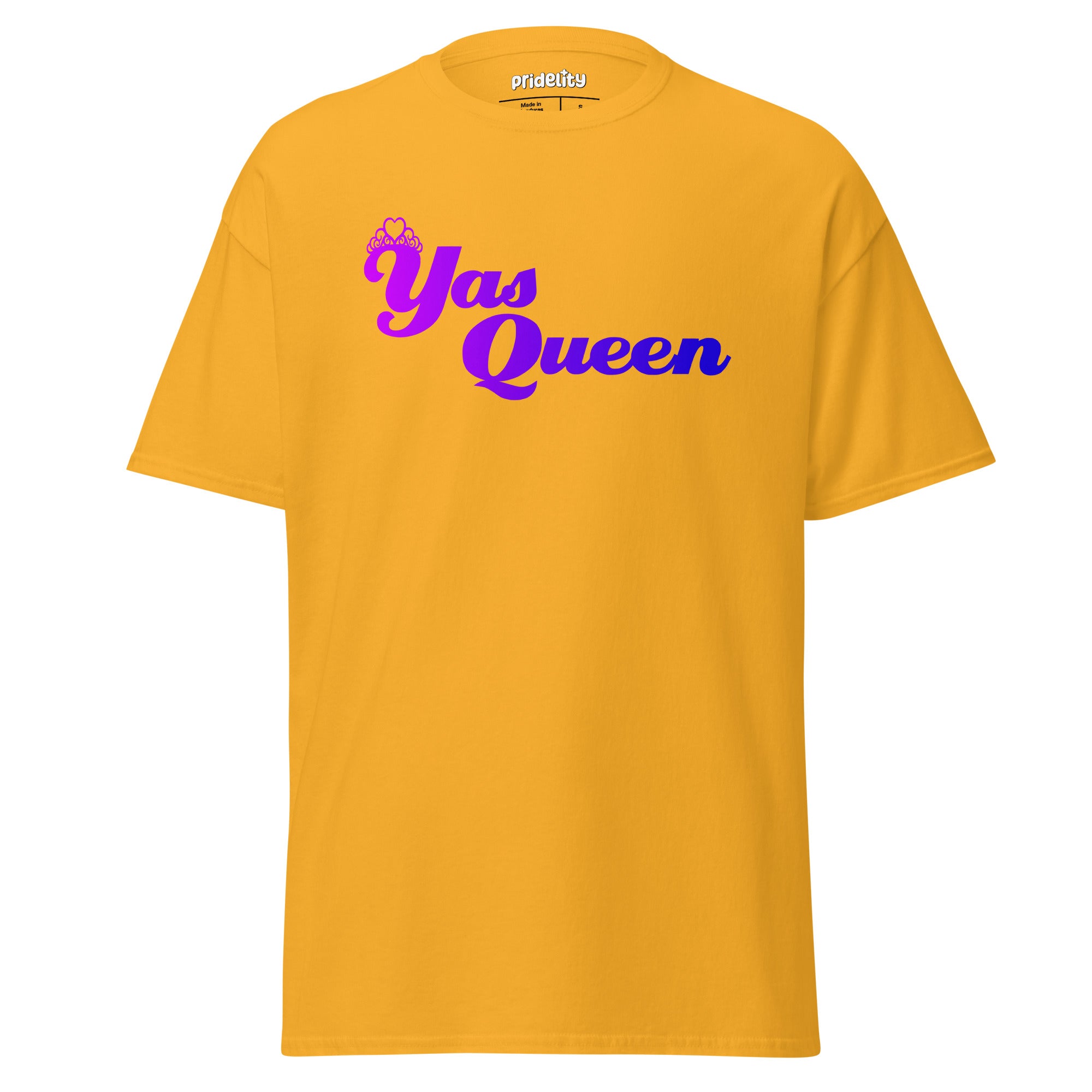 Introducing the Yas Queen T-Shirt by Pridelity, a black pride tee showcasing 