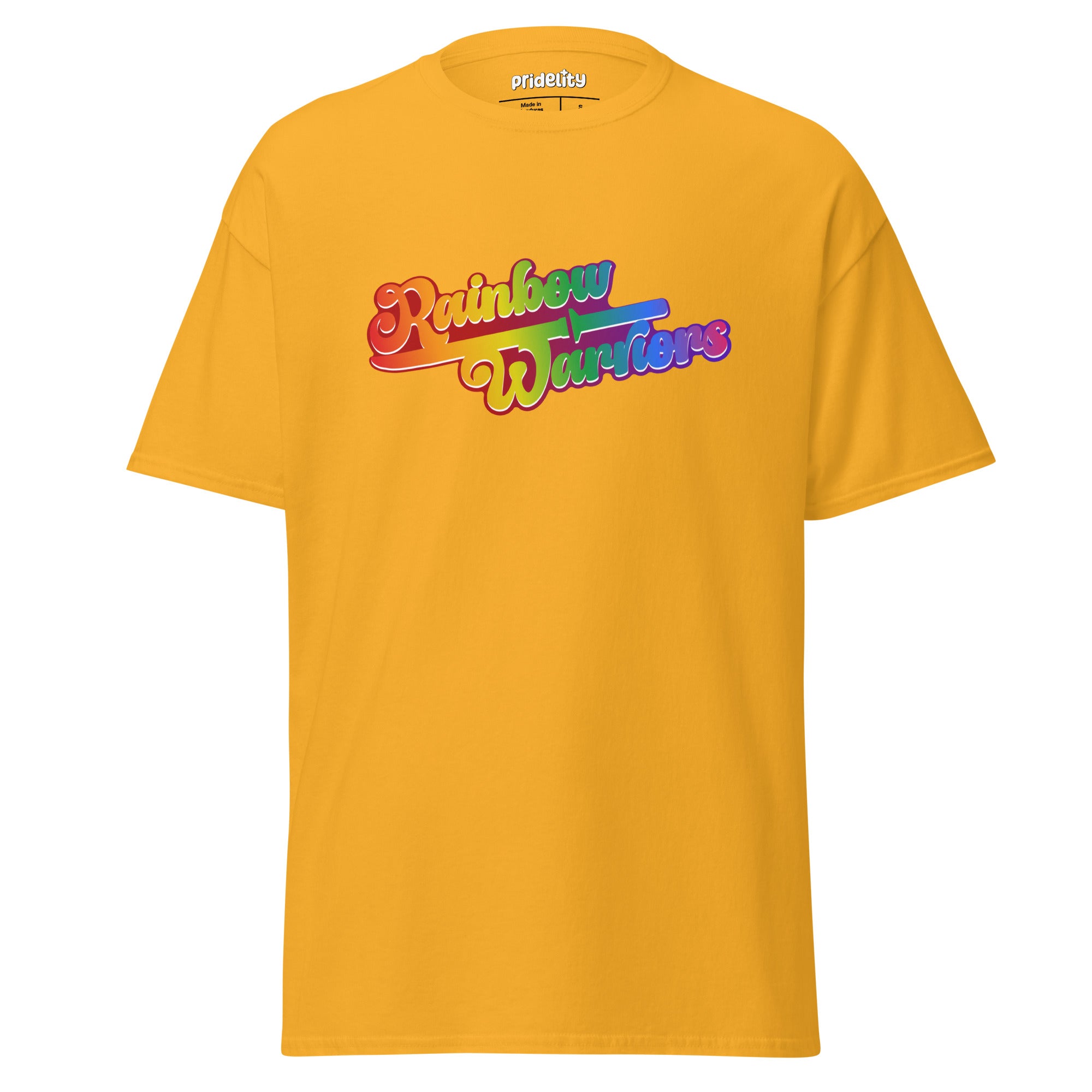 A gold Rainbow Warriors T-Shirt by Pridelity featuring the phrase 