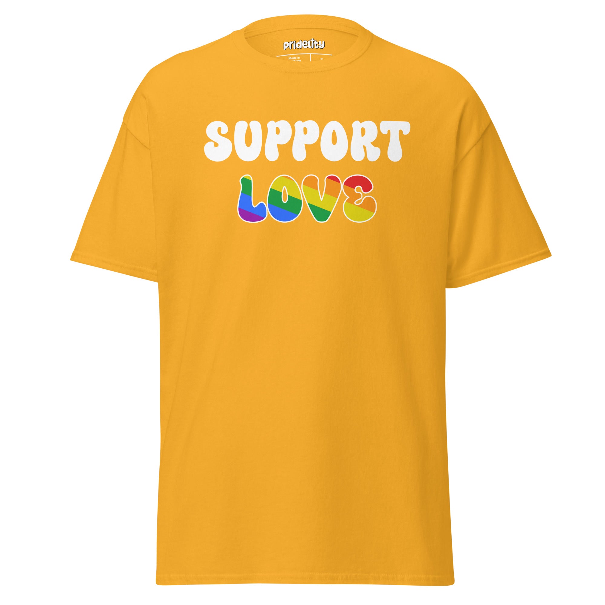 A red Pridelity Support T-Shirt featuring the bold and colorful phrase 