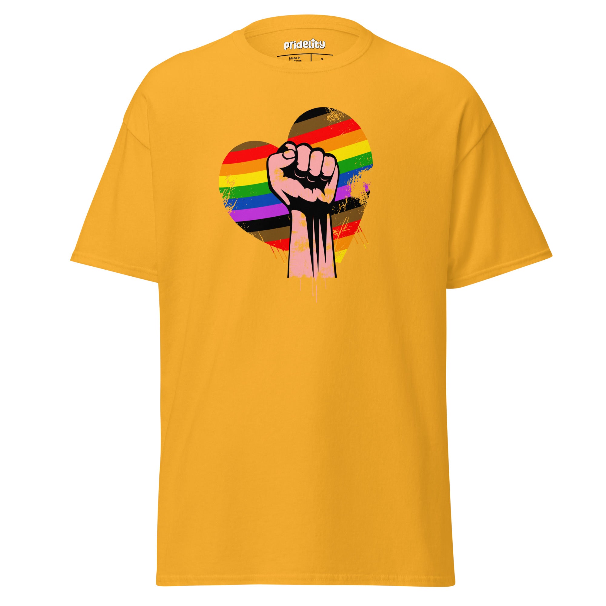 Introducing the Fist Up T-Shirt by Pridelity, a striking black pride shirt featuring a grungy, sketched-style graphic of a raised fist within a rainbow-striped heart. This unique design combines Black pride and LGBTQ+ pride, making it an essential piece of merchandise.