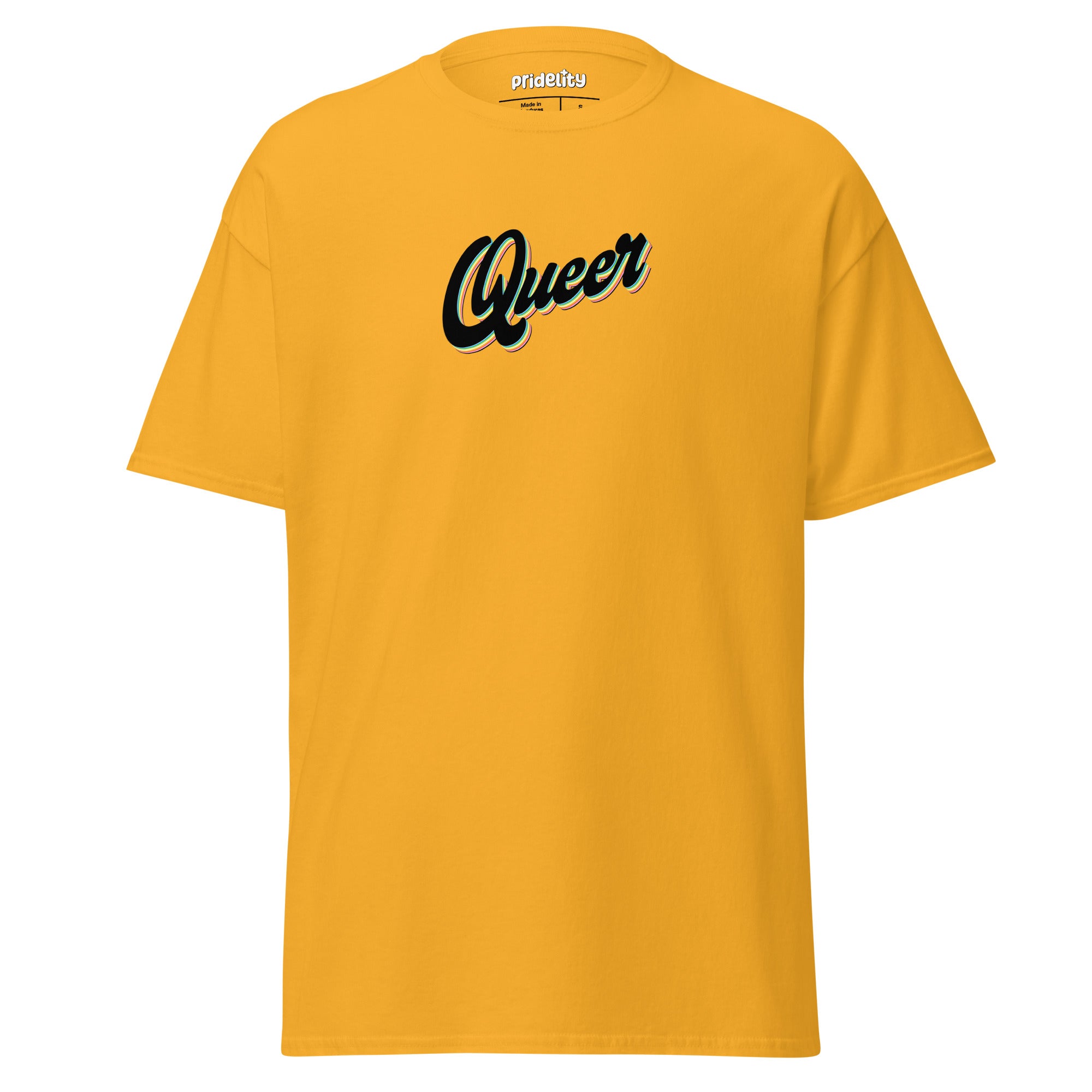 Introducing the Queer T-Shirt by Pridelity, a white pride top that prominently displays the word 