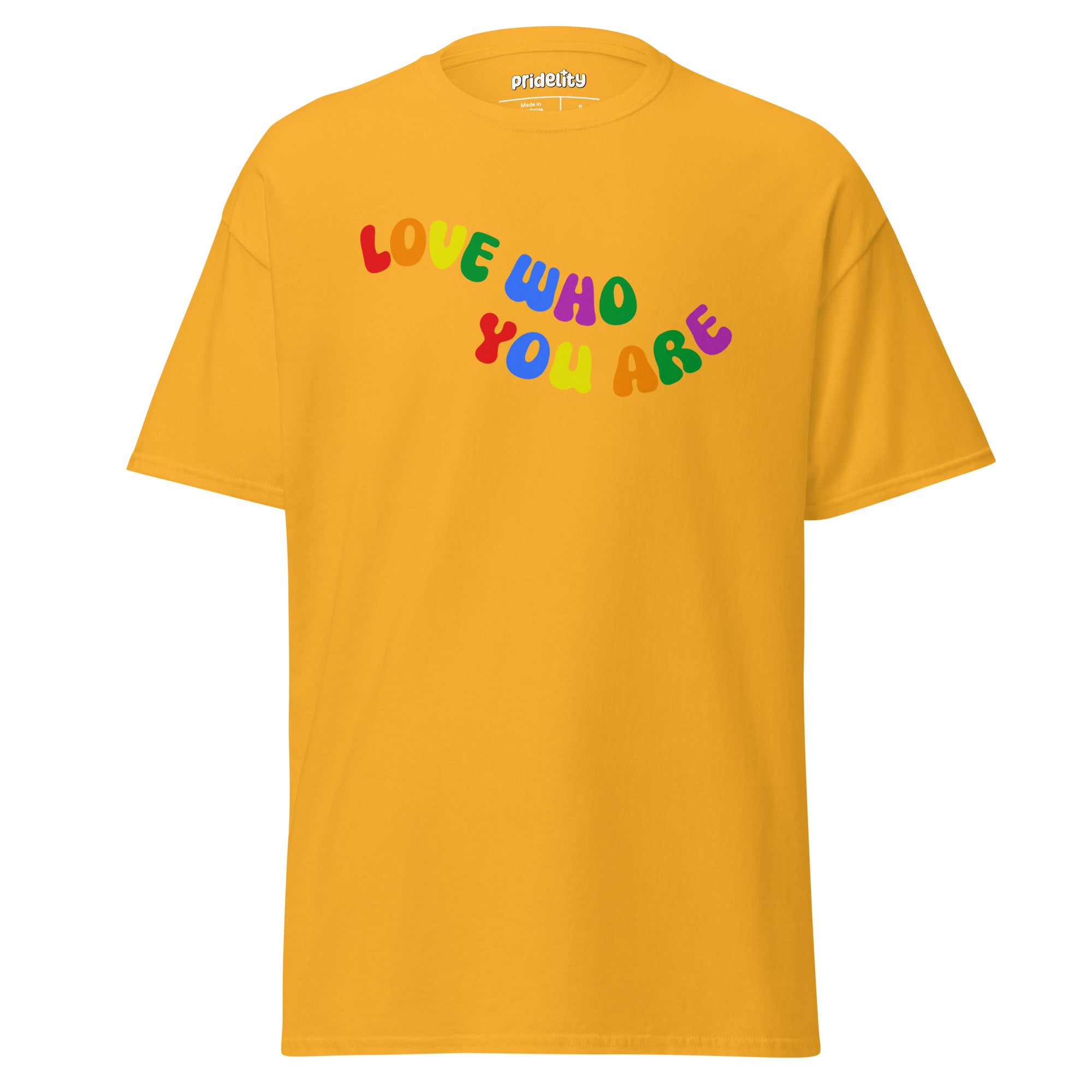 Introducing the Pridelity Love Who You Are T-Shirt in black, featuring vibrant lettering in red, yellow, green, blue, purple, and pink with the inspiring message 