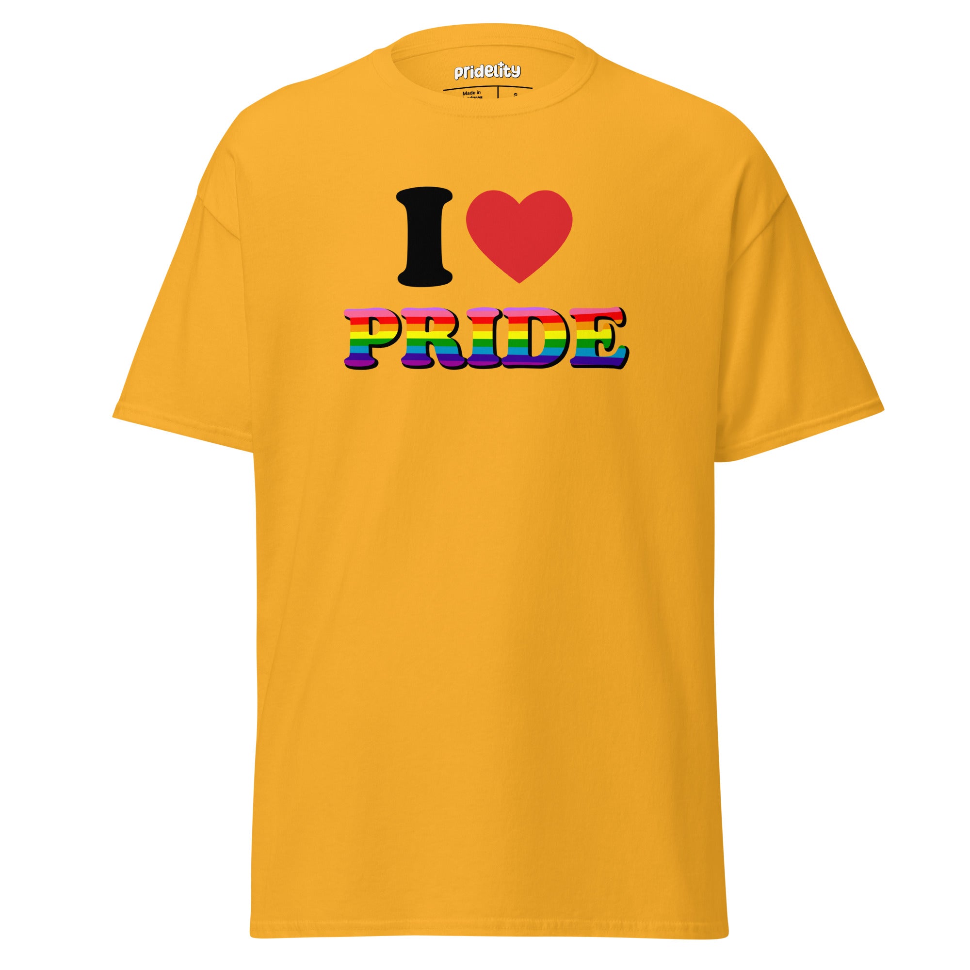 Introducing the I Love Pride T-Shirt from Pridelity: This white T-shirt showcases 