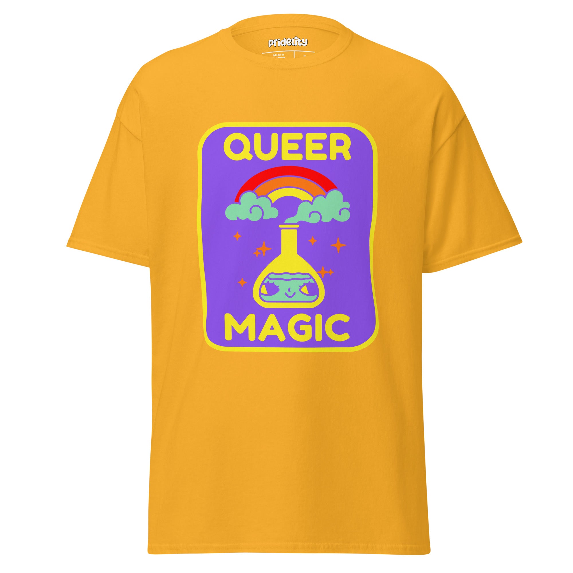 Celebrate diversity with the Queer Magic T-Shirt from Pridelity. This purple tee features a lively design of a potion flask, encircled by clouds, a rainbow, and stars, accompanied by the inspiring phrase 