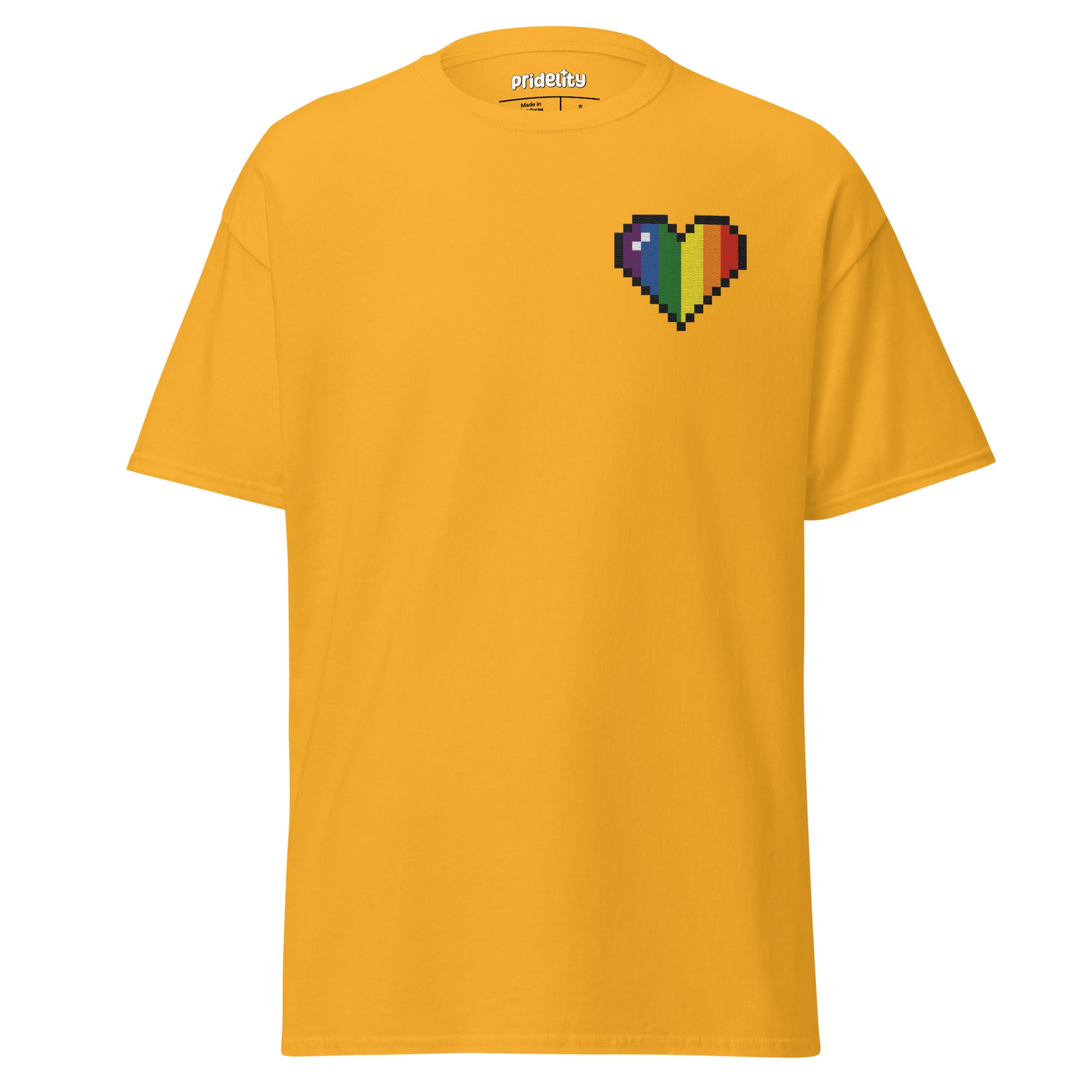 The Pixel Heart T-Shirt by Pridelity is a white shirt featuring a pixelated heart design in the upper left corner, with vertical sections of vibrant colors: black, brown, red, orange, yellow, green, blue, and purple.