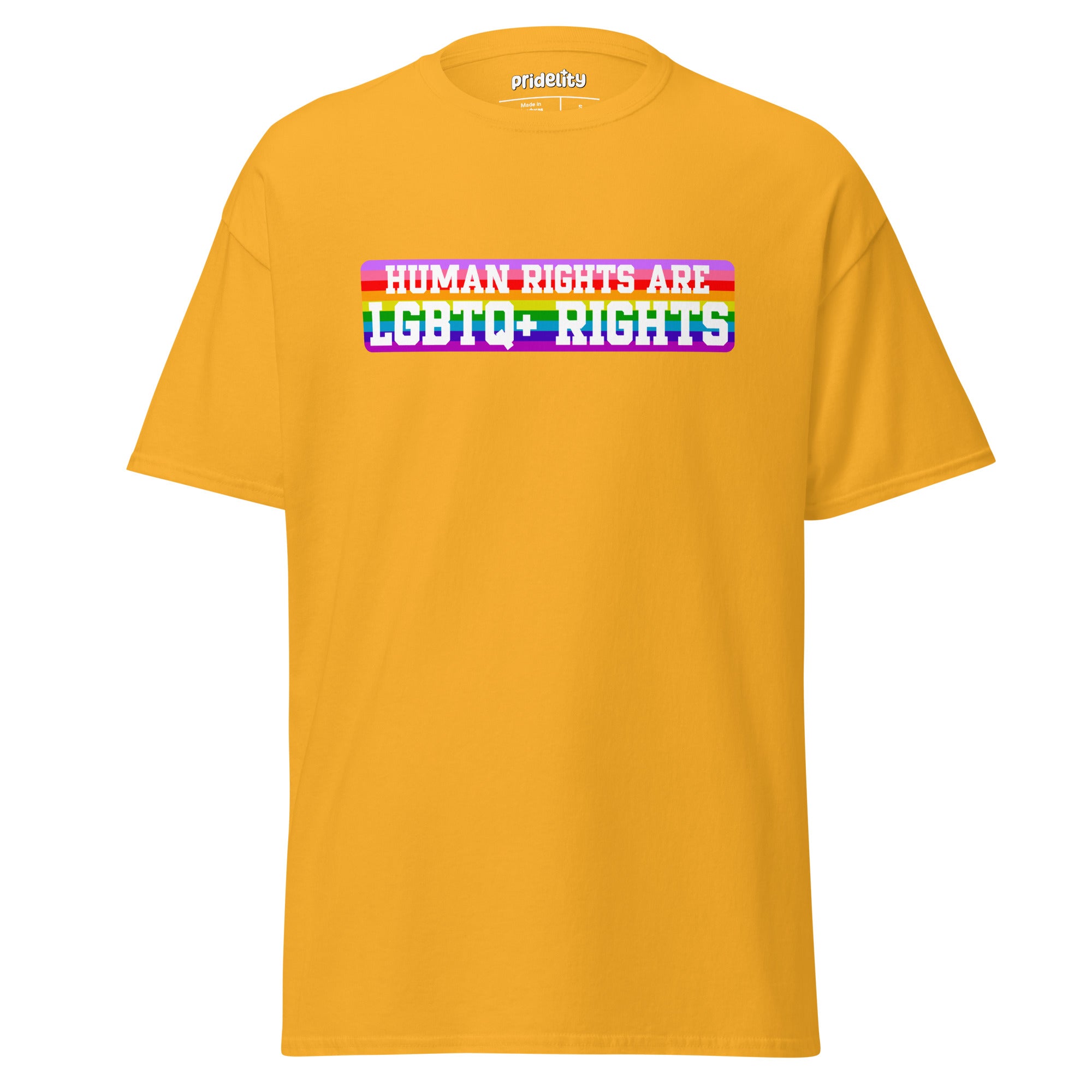 Introducing the LGBTQ+ Rights T-Shirt from Pridelity: This pride shirt features a white t-shirt with a vibrant, colorful rectangle centered on the chest, showcasing the bold, rainbow-colored text 