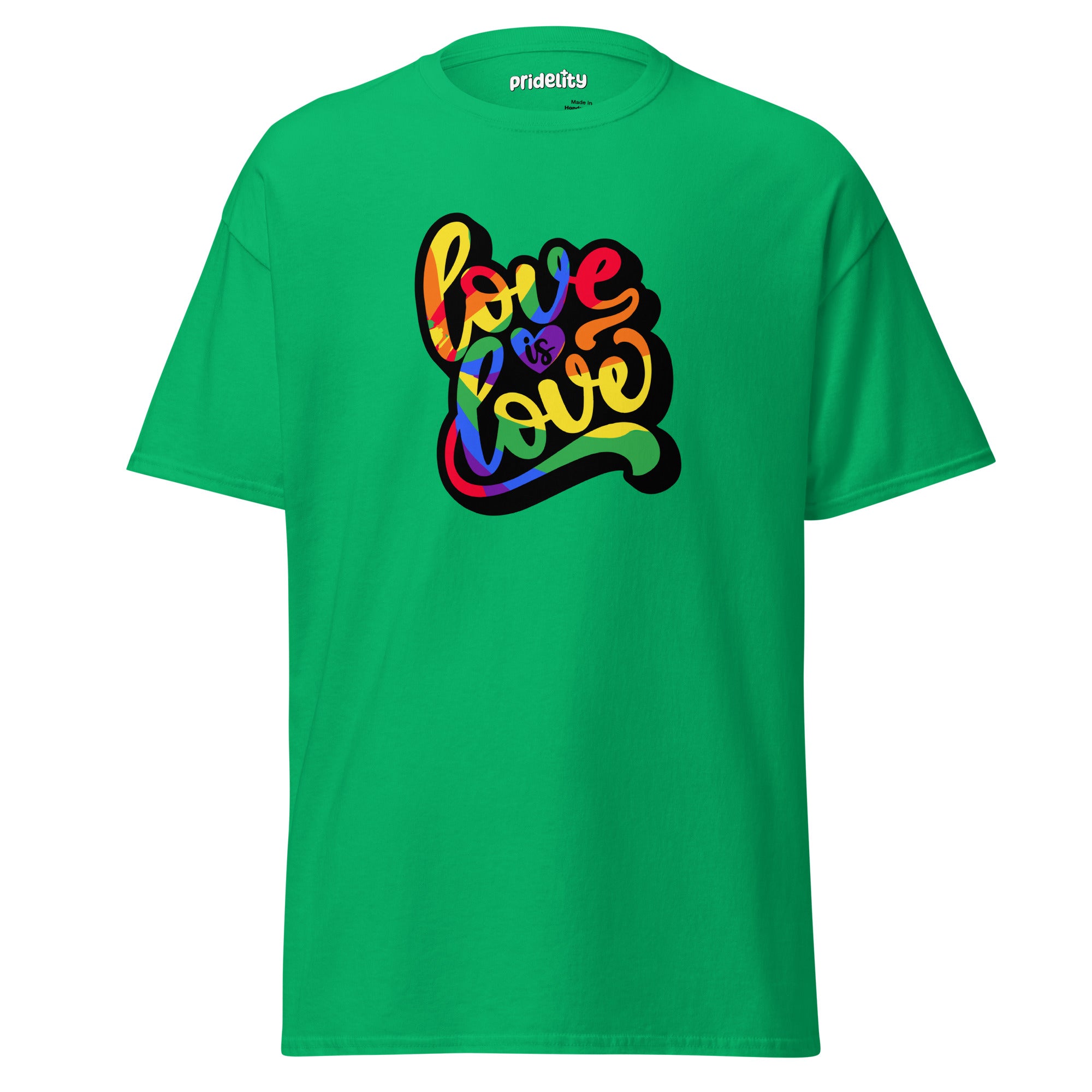 The Love Is Love T-Shirt by Pridelity is a royal blue shirt adorned with the vibrant, multicolored phrase 