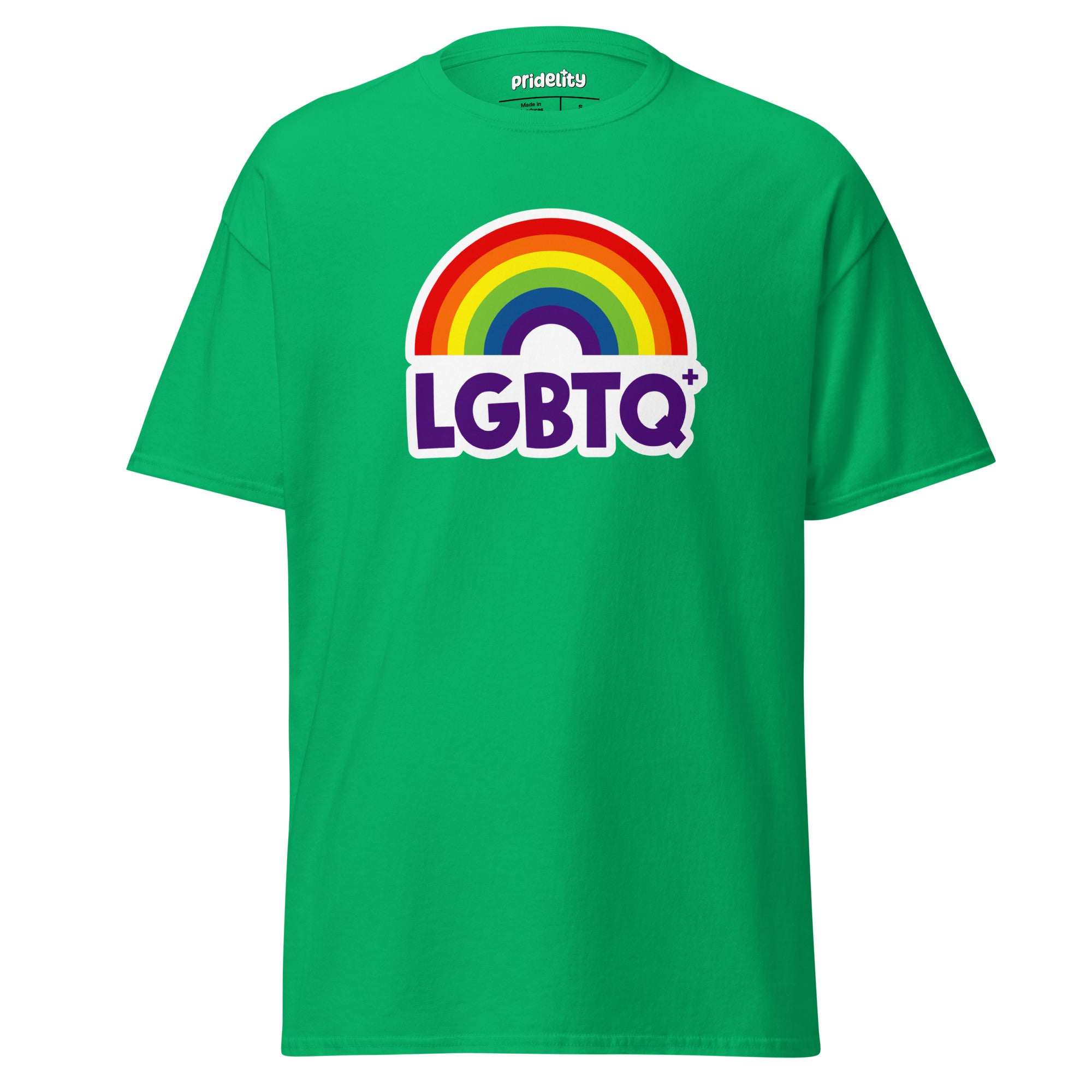 Introducing the Pridelity LGBTQ+ Rainbow T-Shirt: a black shirt adorned with a vibrant rainbow arching over bold, colorful 