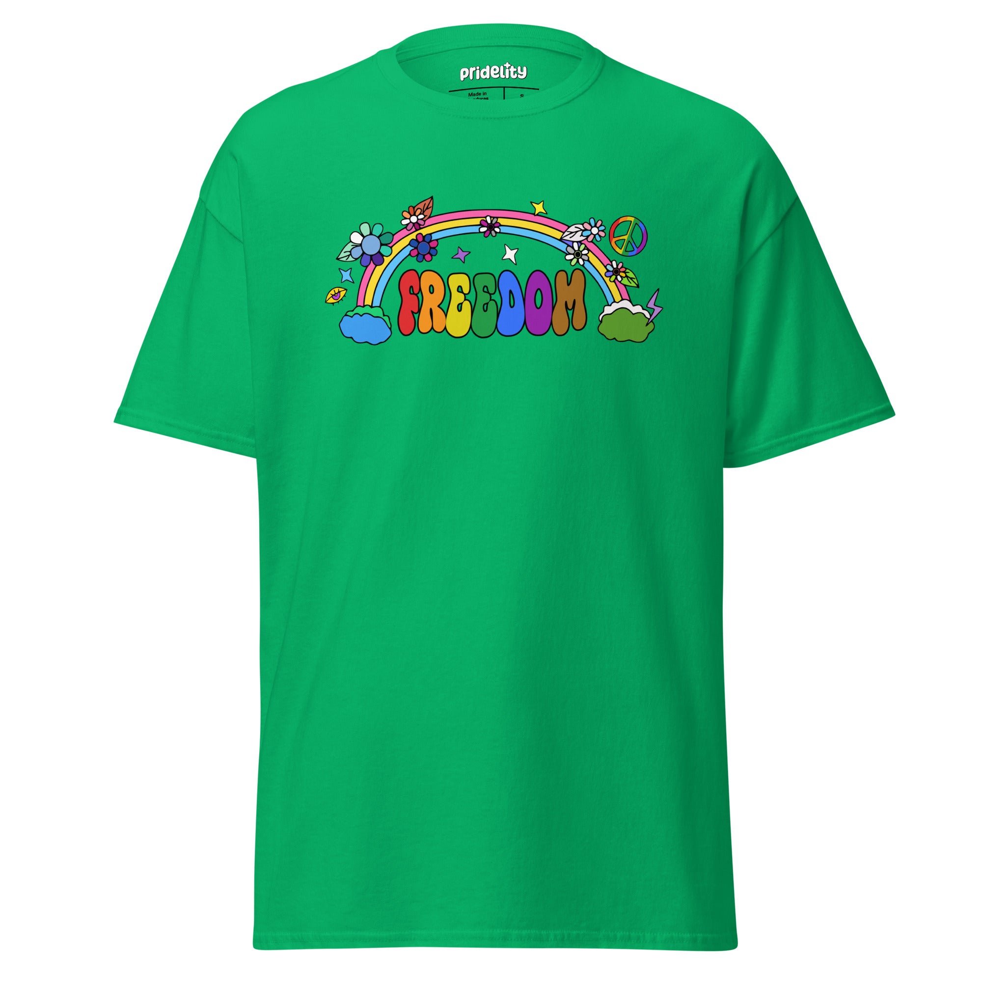 The Freedom T-Shirt by Pridelity features a colorful, cartoon-style design with 