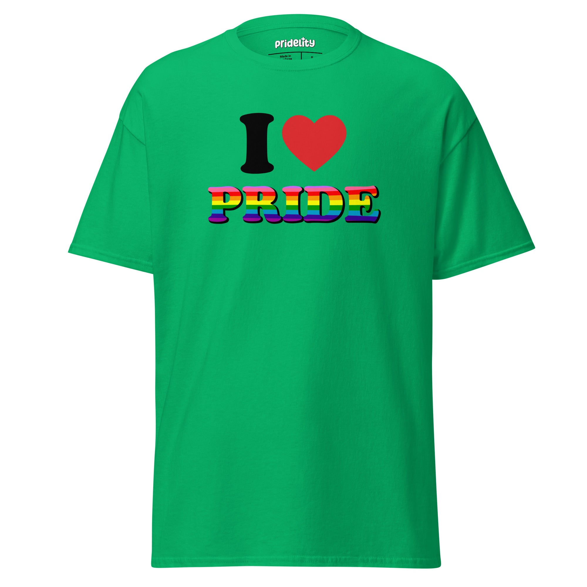 Introducing the I Love Pride T-Shirt from Pridelity: This white T-shirt showcases 