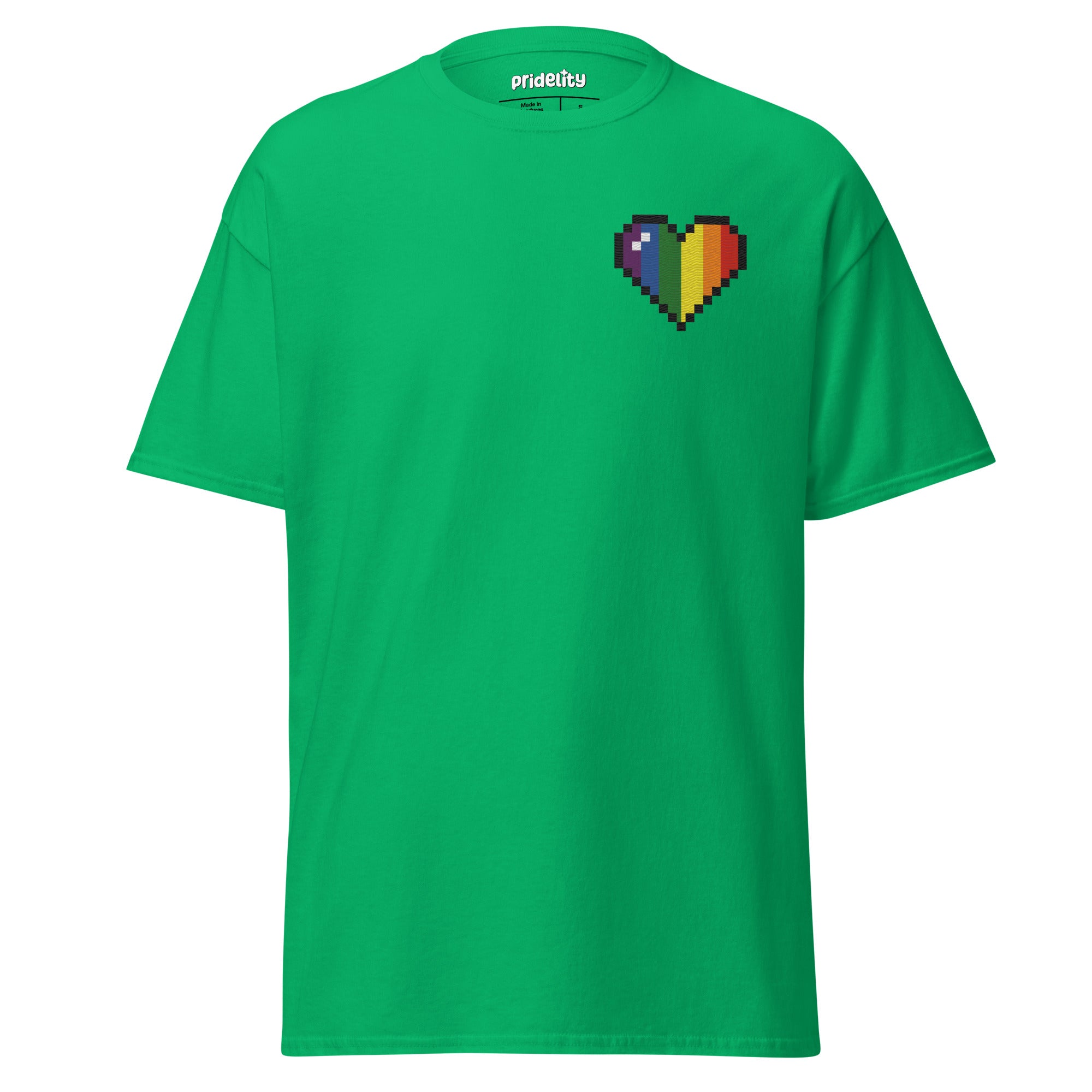 The Pixel Heart T-Shirt by Pridelity is a white shirt featuring a pixelated heart design in the upper left corner, with vertical sections of vibrant colors: black, brown, red, orange, yellow, green, blue, and purple.