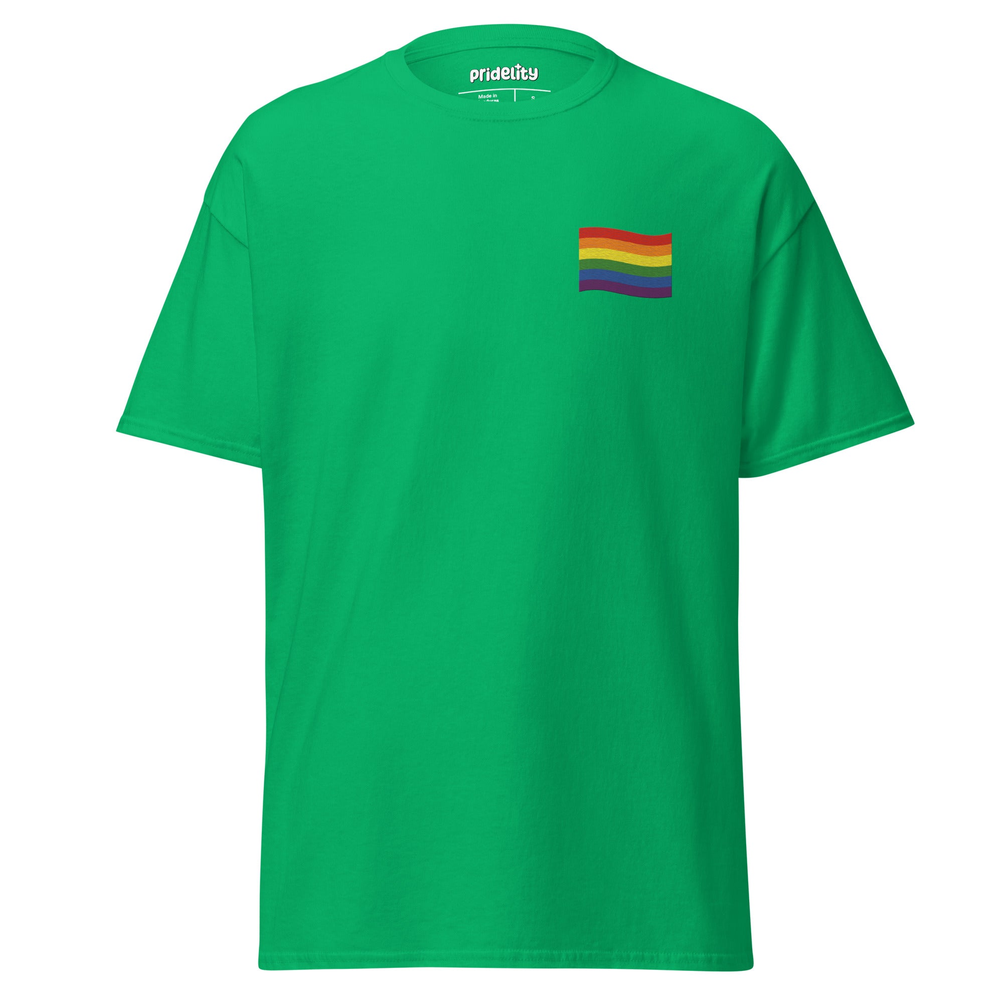 A Pride Flag T-Shirt by Pridelity in white showcases a small rainbow flag graphic on the upper left chest area, where the plain background accentuates the vibrant flag design.