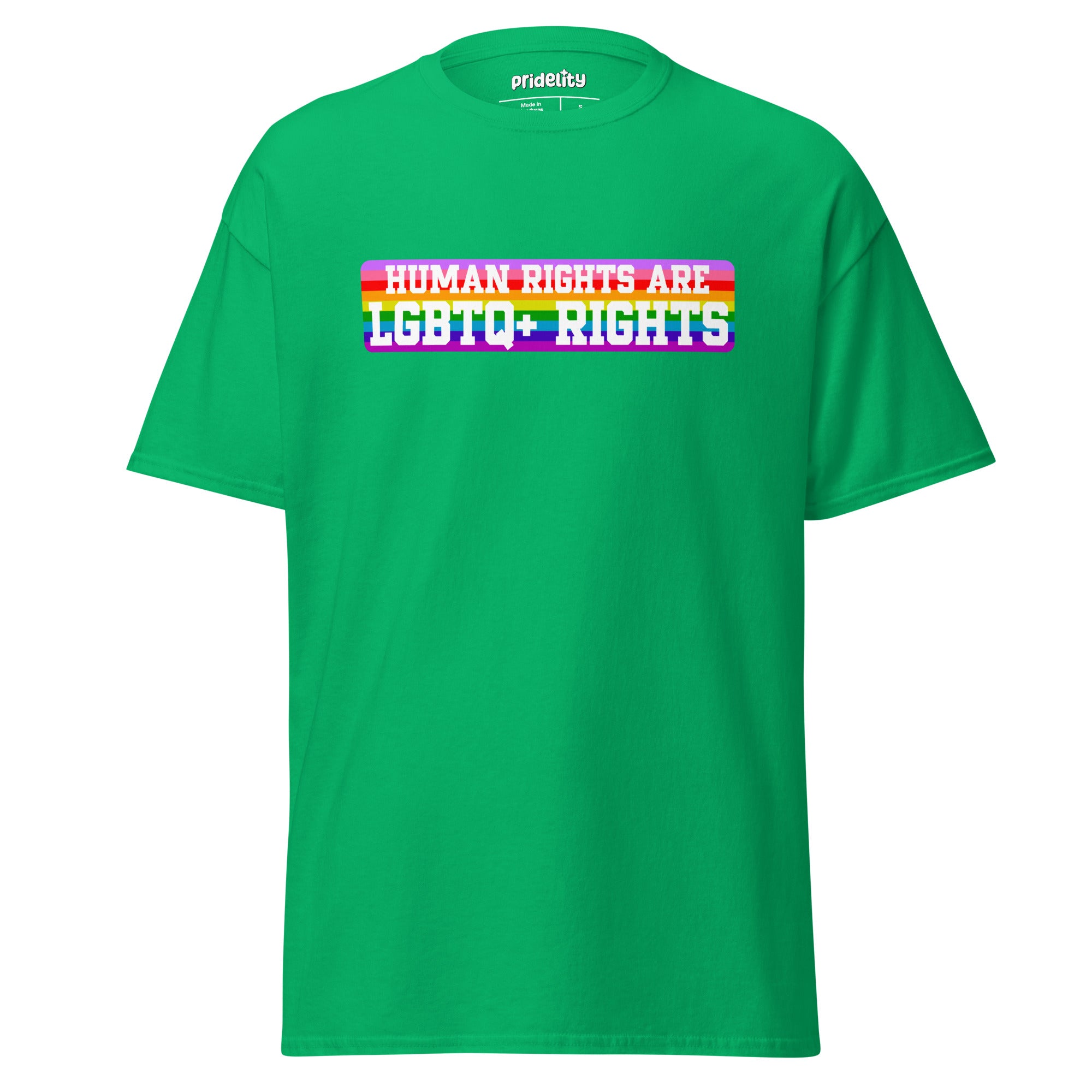 Introducing the LGBTQ+ Rights T-Shirt from Pridelity: This pride shirt features a white t-shirt with a vibrant, colorful rectangle centered on the chest, showcasing the bold, rainbow-colored text 