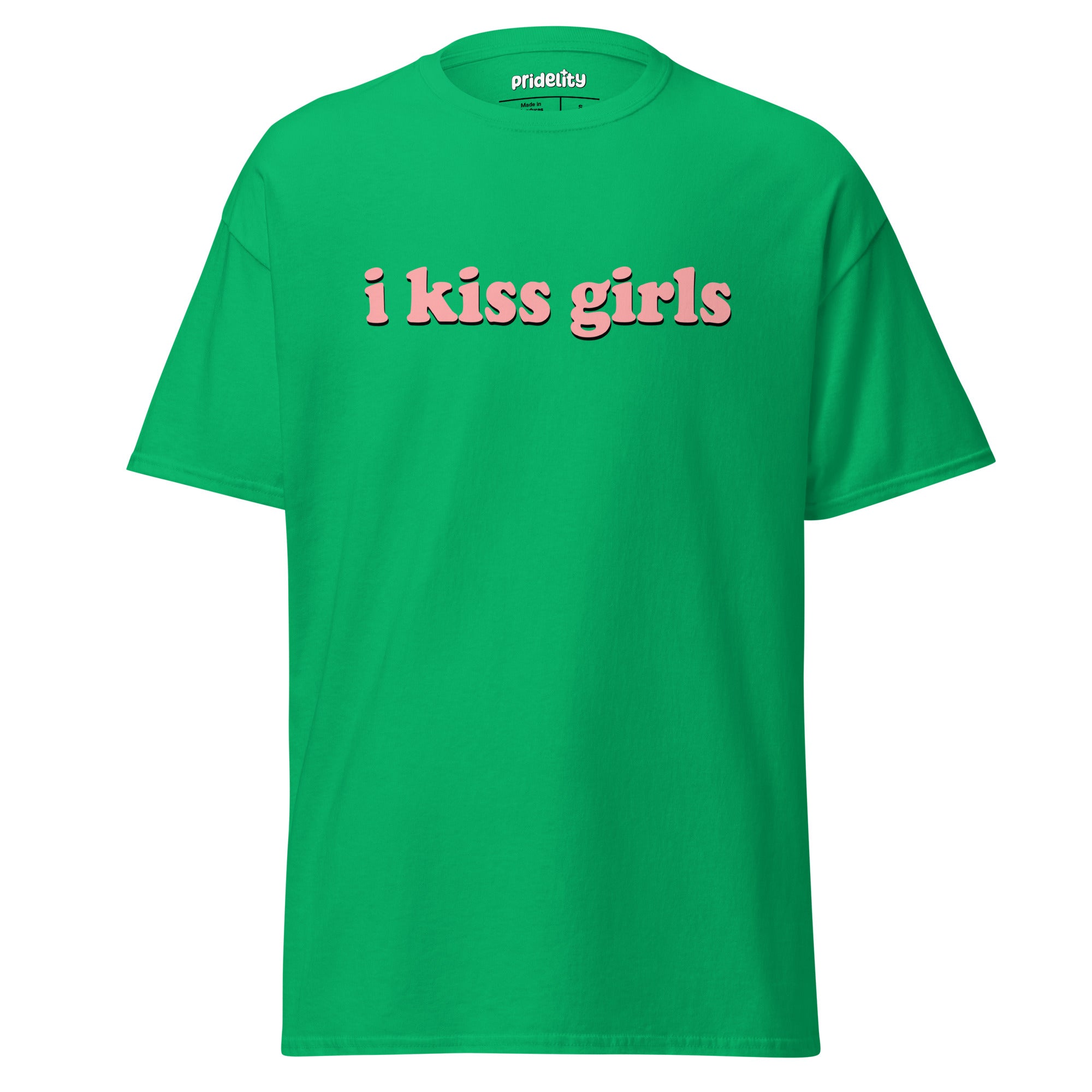 Introducing the I Kiss Girls T-Shirt by Pridelity: a white pride shirt with standout pink text saying 