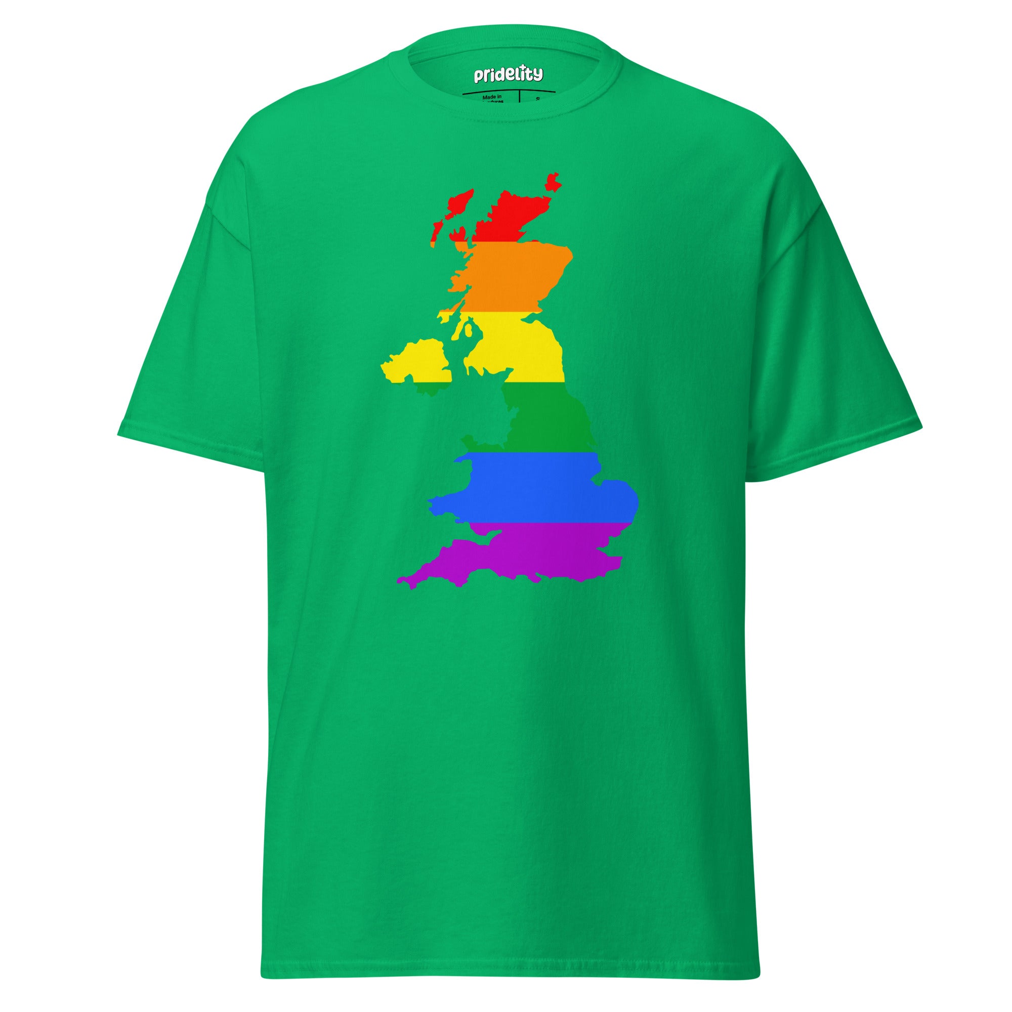 Introducing the British Isles Pride T-Shirt by Pridelity, a standout piece in our Pride Collections. This white t-shirt features a vibrant rainbow map of the United Kingdom, symbolizing LGBTQ+ pride.