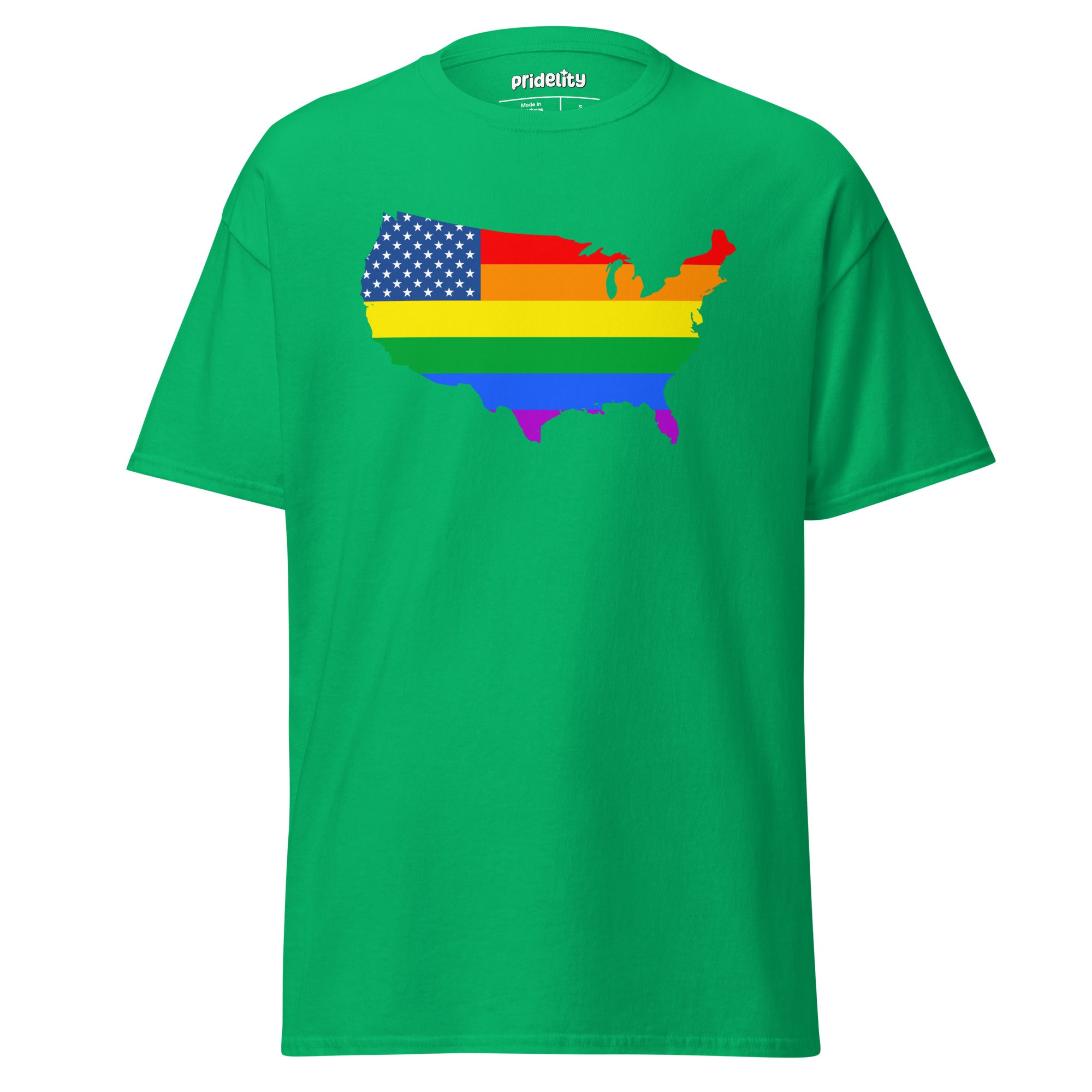 The US Map Pride T-Shirt by Pridelity features a graphic of the United States map, skillfully combining the American flag with vibrant rainbow colors to represent unity and diversity. This T-shirt comes in white.