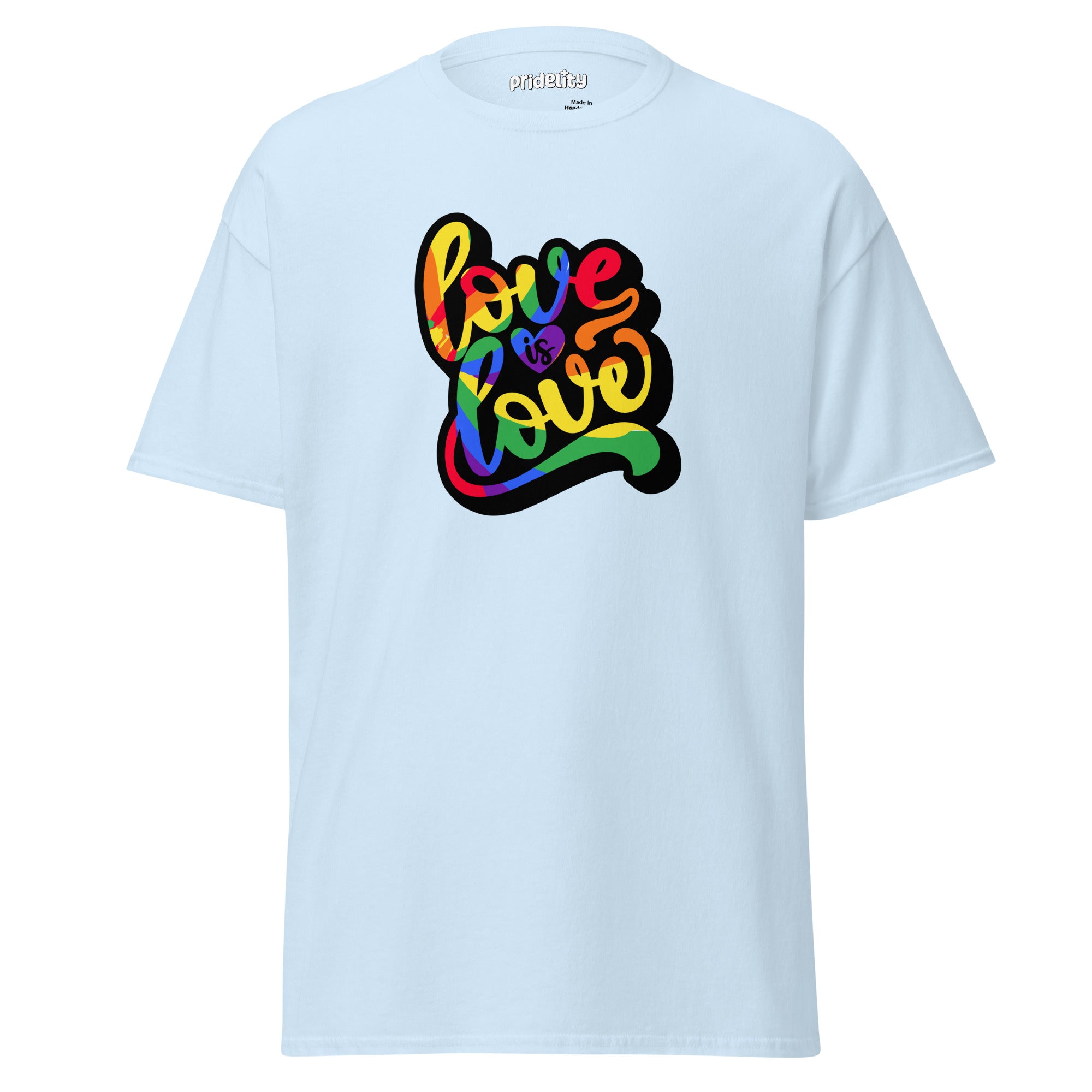 The Love Is Love T-Shirt by Pridelity is a royal blue shirt adorned with the vibrant, multicolored phrase 