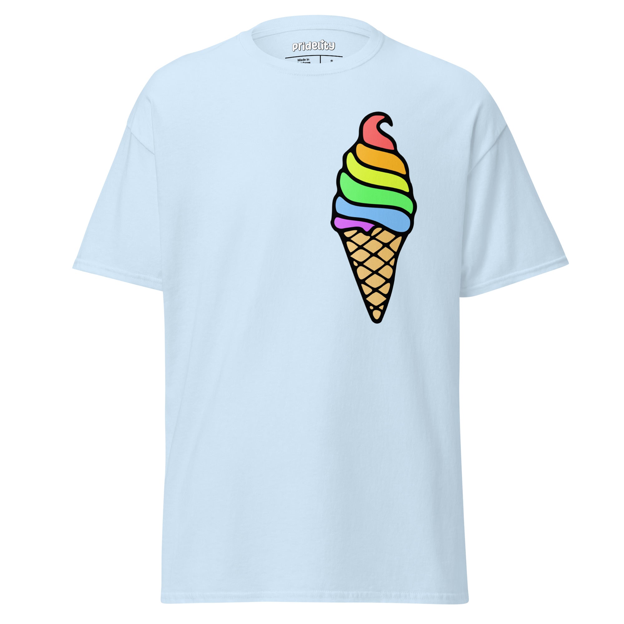 A Pride Ice Cream T-Shirt from Pridelity, featuring a gold base adorned with a vibrant ice cream cone design on the front. The ice cream swirls in rainbow colors, celebrating diversity, while the cone displays a traditional waffle pattern.